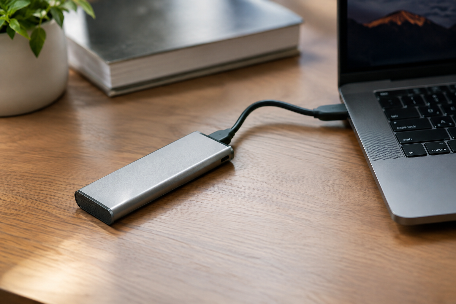 Compact NVMe SSD enclosure connected via USB-C representing 10 Gbps USB 3.2 Gen 2 speed
