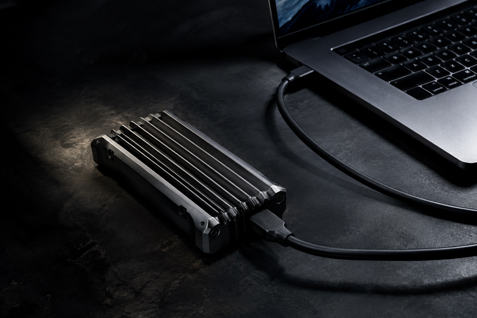 High-performance external SSD with USB-C cable representing 20 Gbps USB 3.2 Gen 2x2 speed