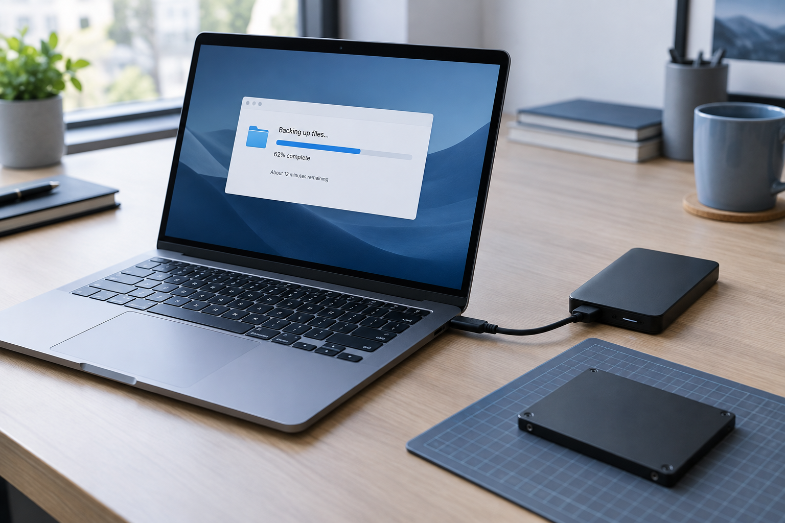 Laptop and external drive set up for backing up data before an SSD firmware update