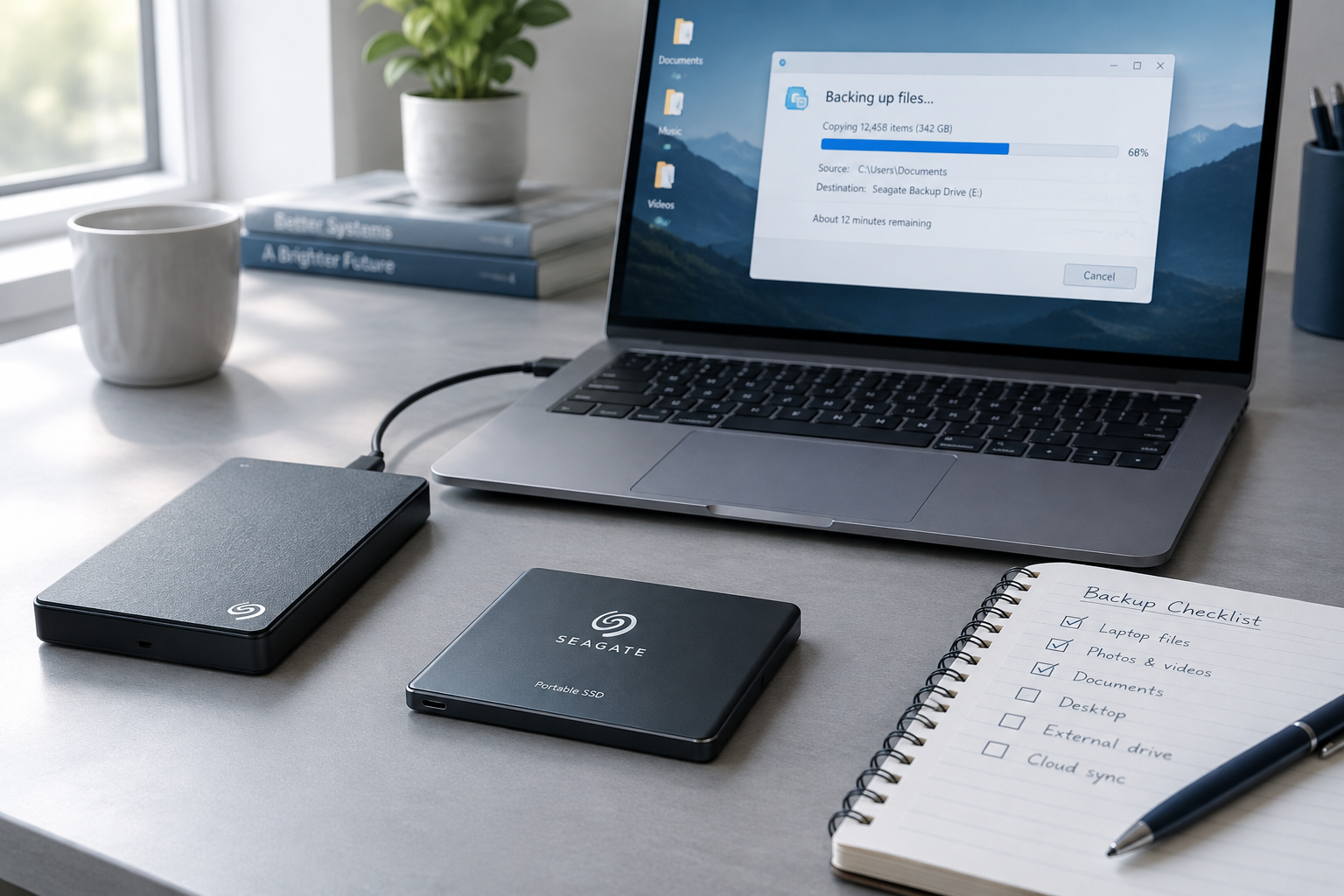 Desk setup showing a laptop backing up data next to a Seagate SSD and external hard drive, representing preparation before a firmware update