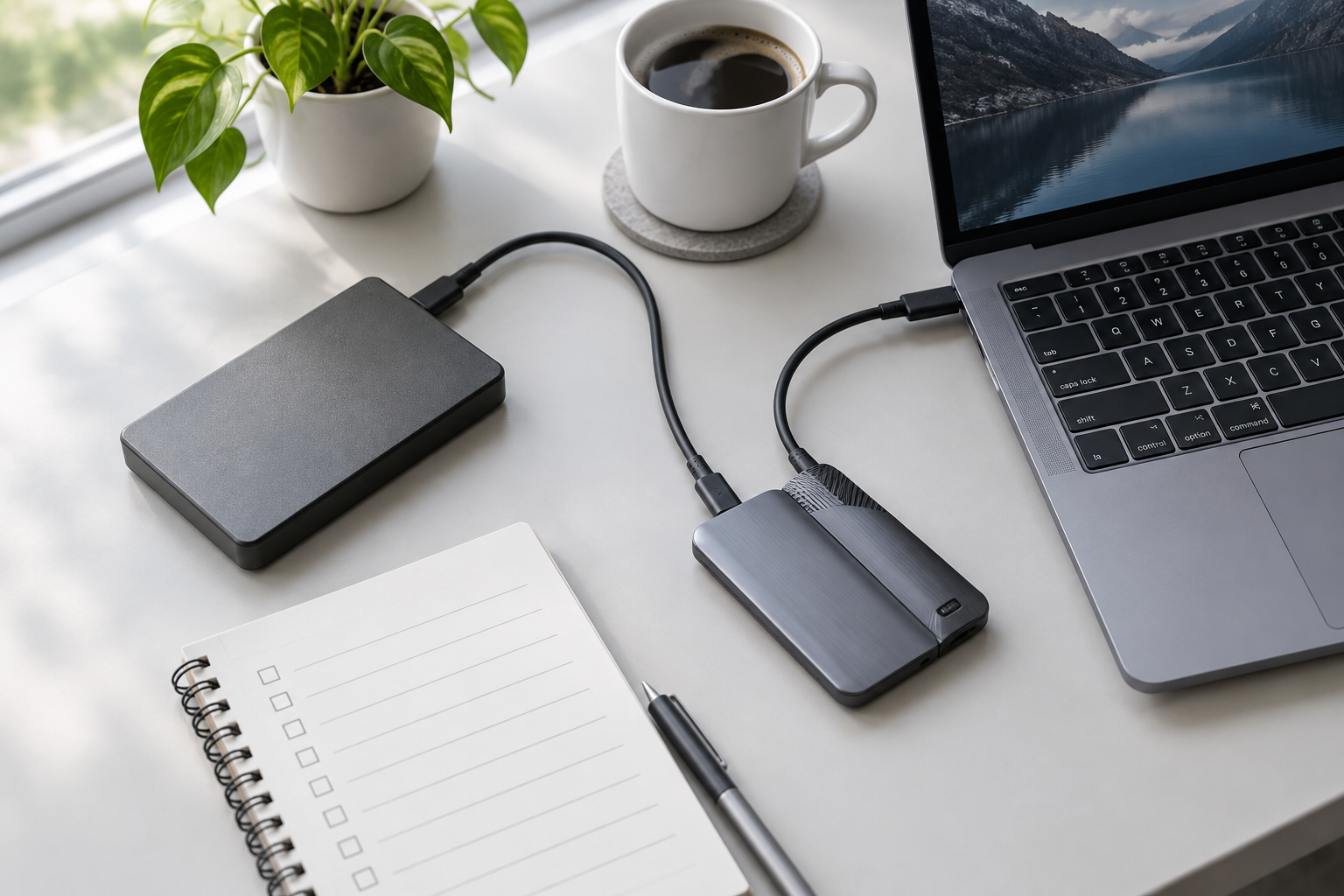 Desk setup showing an SSD, laptop, and backup drive connected before starting a firmware update