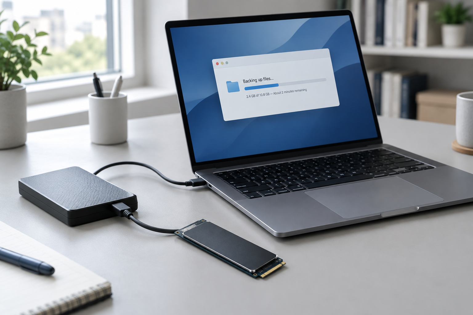 Laptop and external drive set up for backing up data before an SSD firmware update