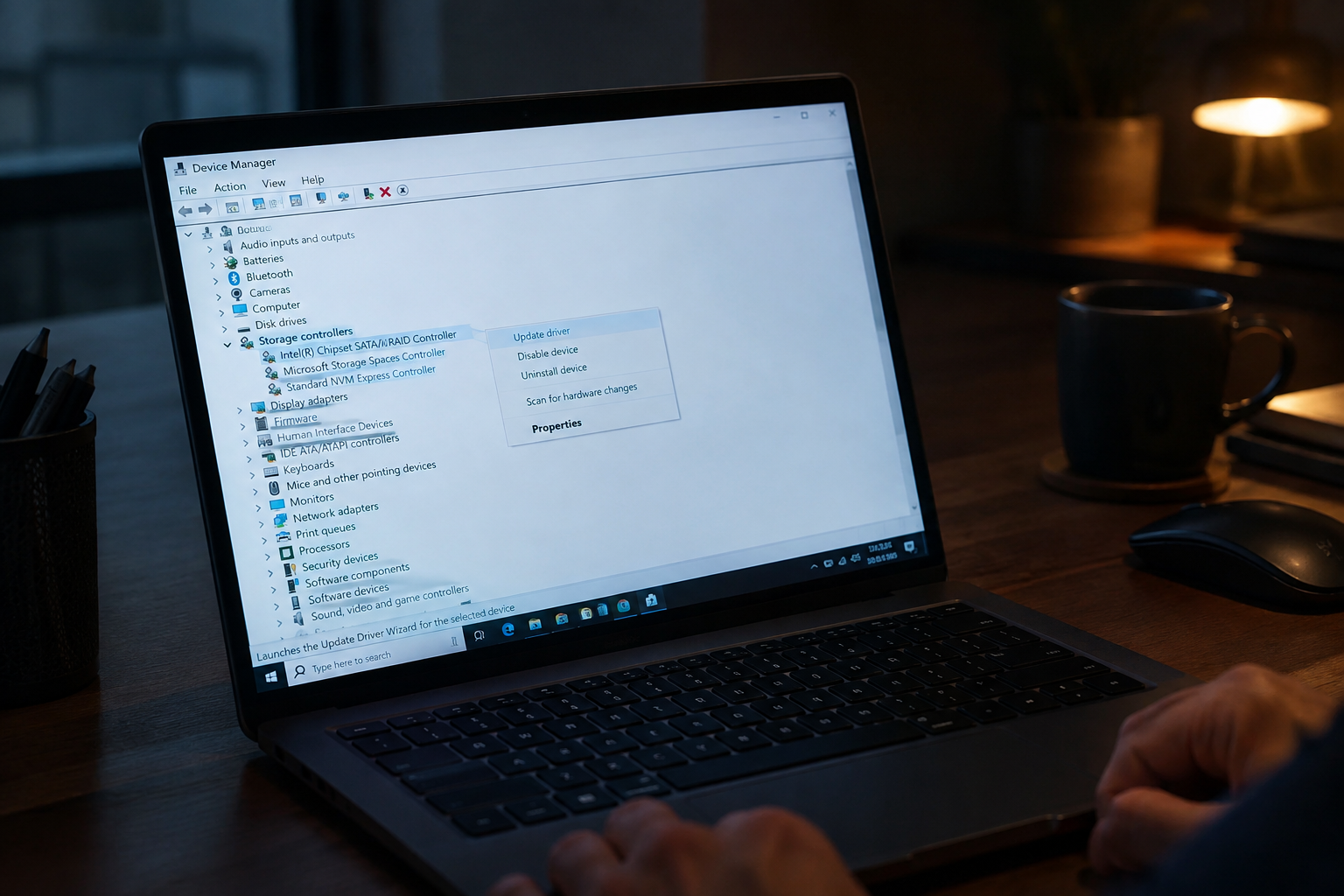 Laptop screen showing Windows Device Manager with storage controller devices listed