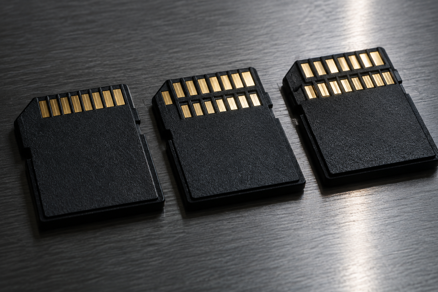 Macro view of SD card pin contacts showing different bus interface types