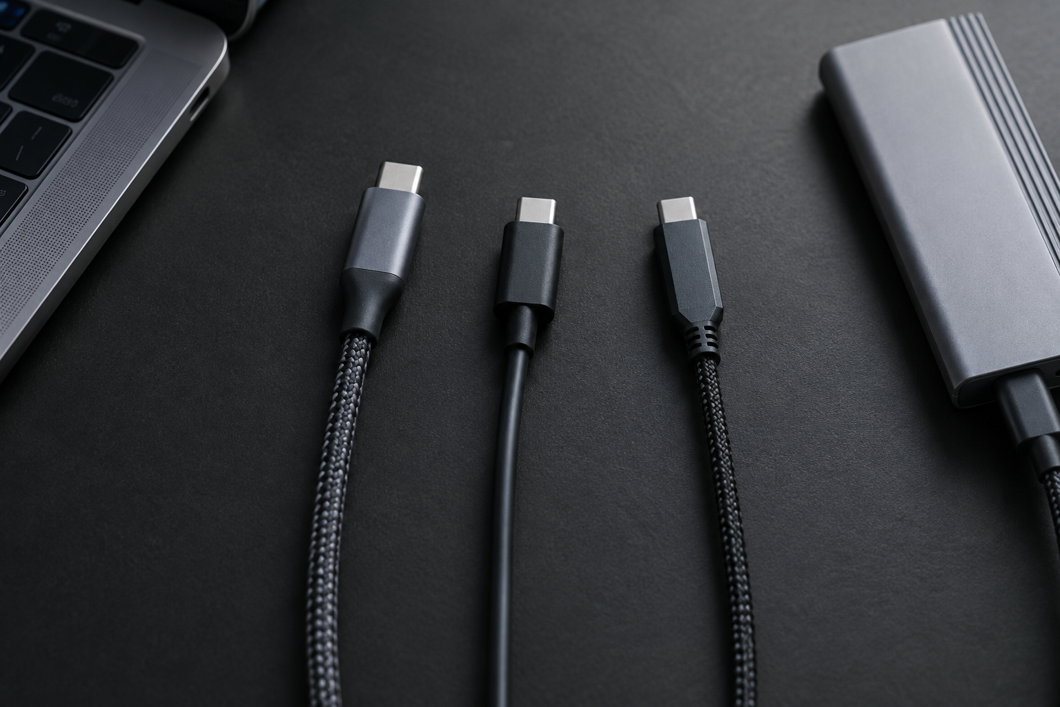 Comparison of different USB-C cables connected to an NVMe enclosure and laptop