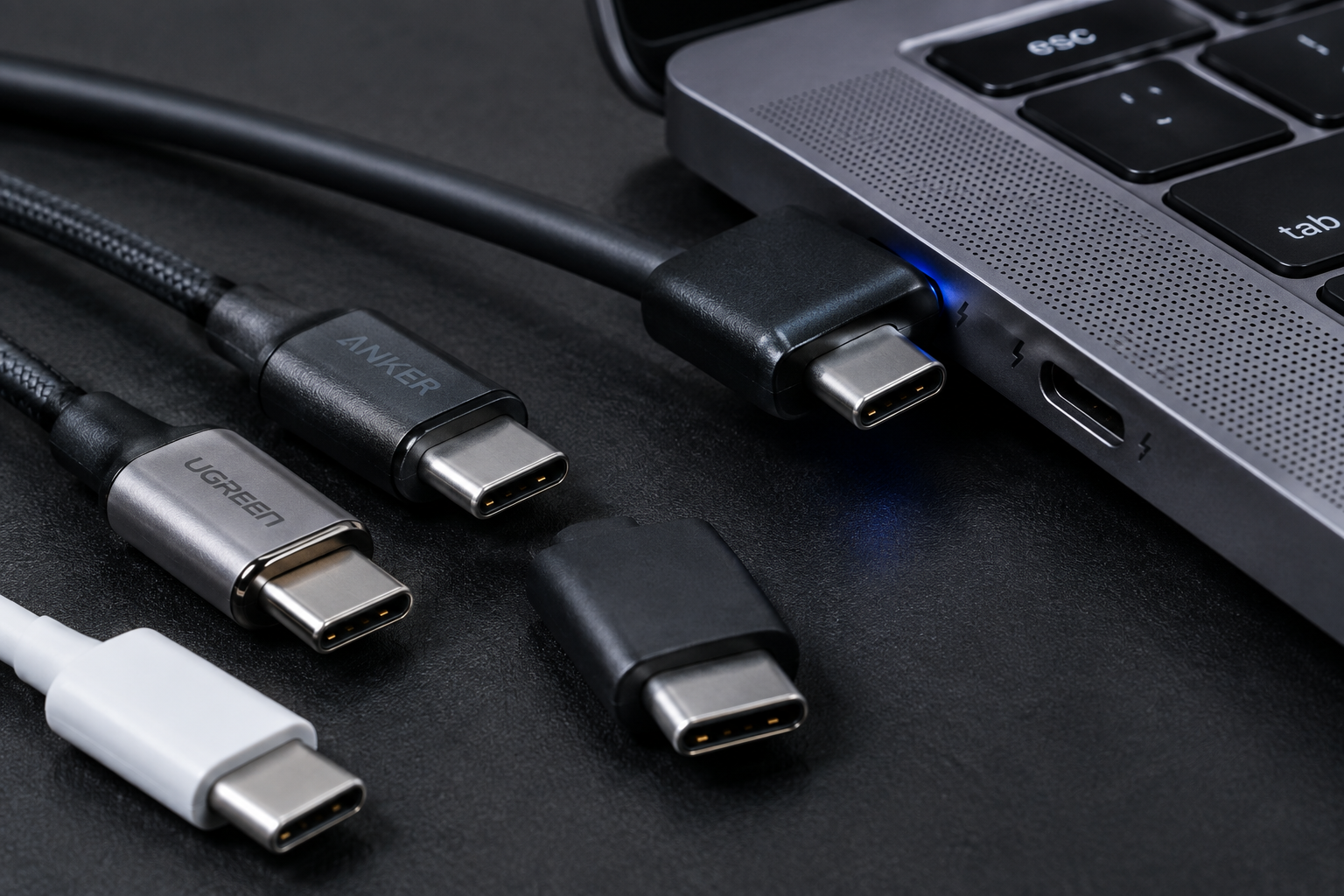 Close-up of USB-C cables and ports with connector details visible