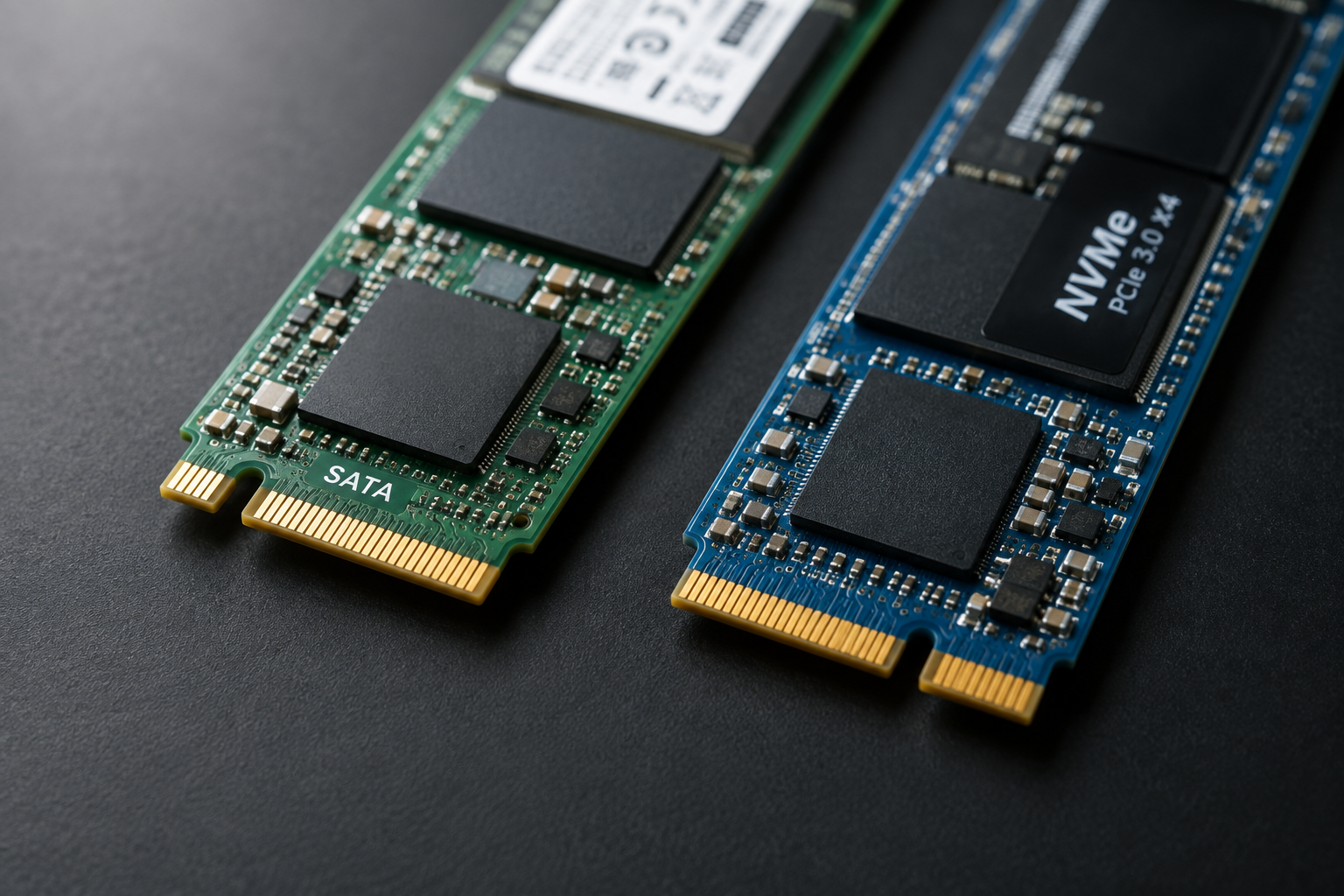 Close-up comparison of a SATA M.2 SSD and an NVMe M.2 SSD side by side