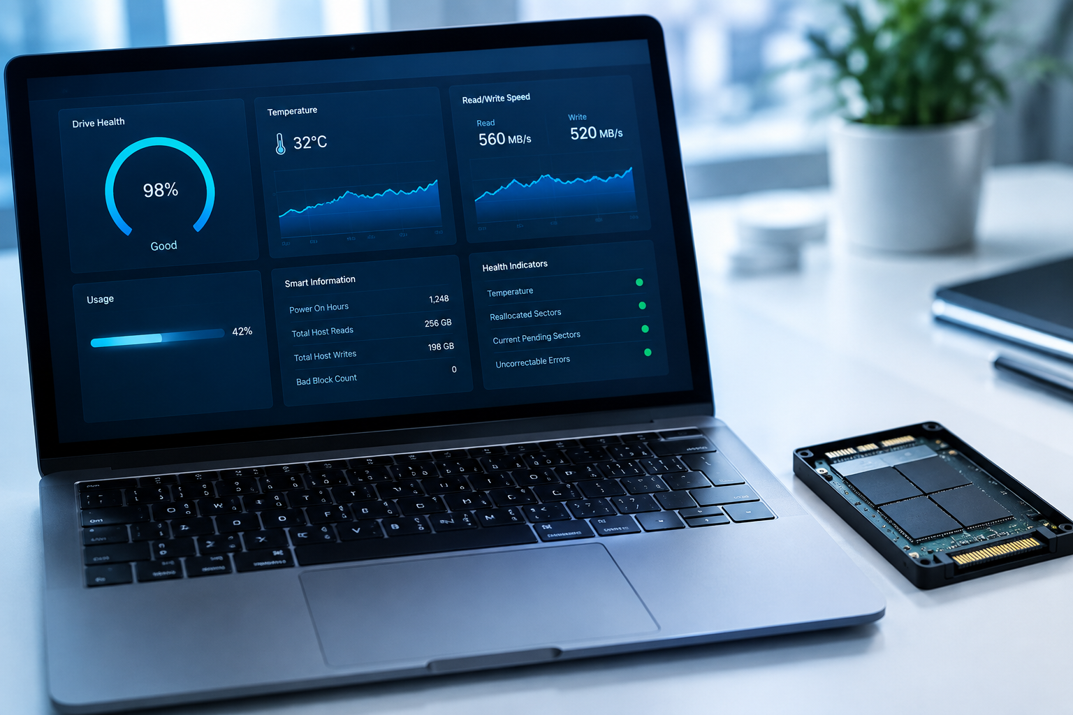 Laptop displaying a system diagnostics dashboard next to an SSD drive on a desk
