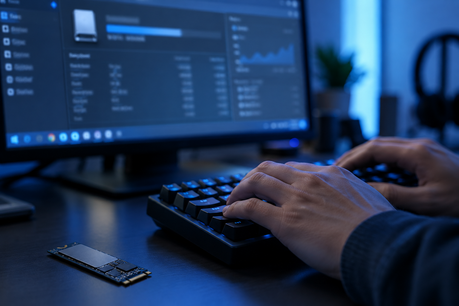 Person checking firmware version details on a computer screen next to an SSD