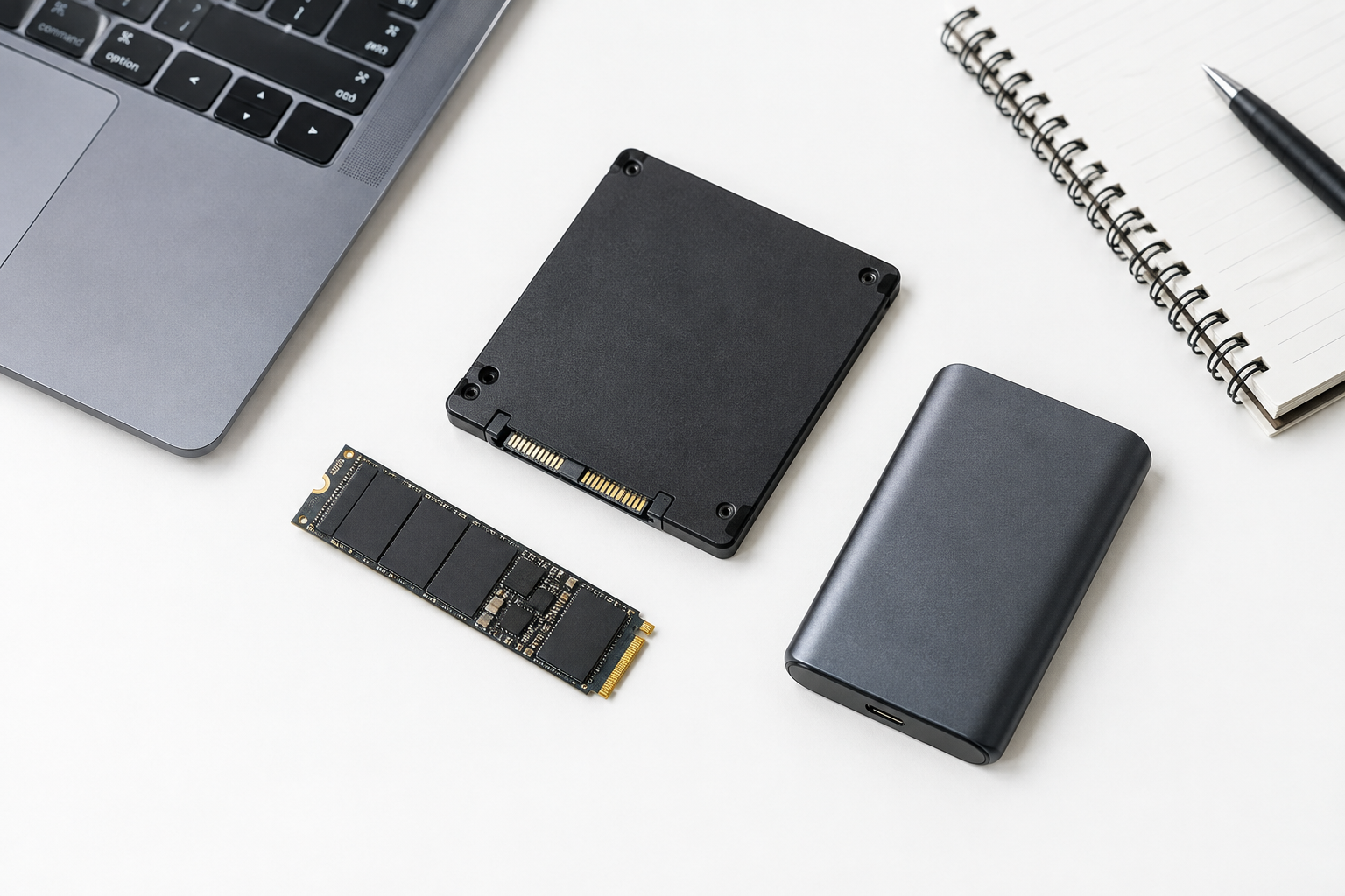 Various SSD drive types arranged on a desk for comparison