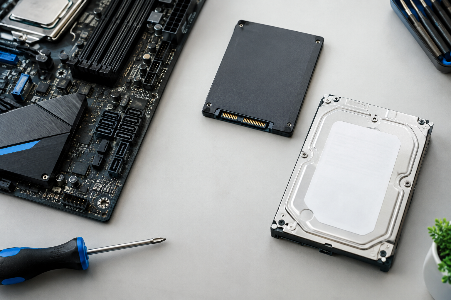 Motherboard with SATA ports and drives illustrating hardware setup considerations