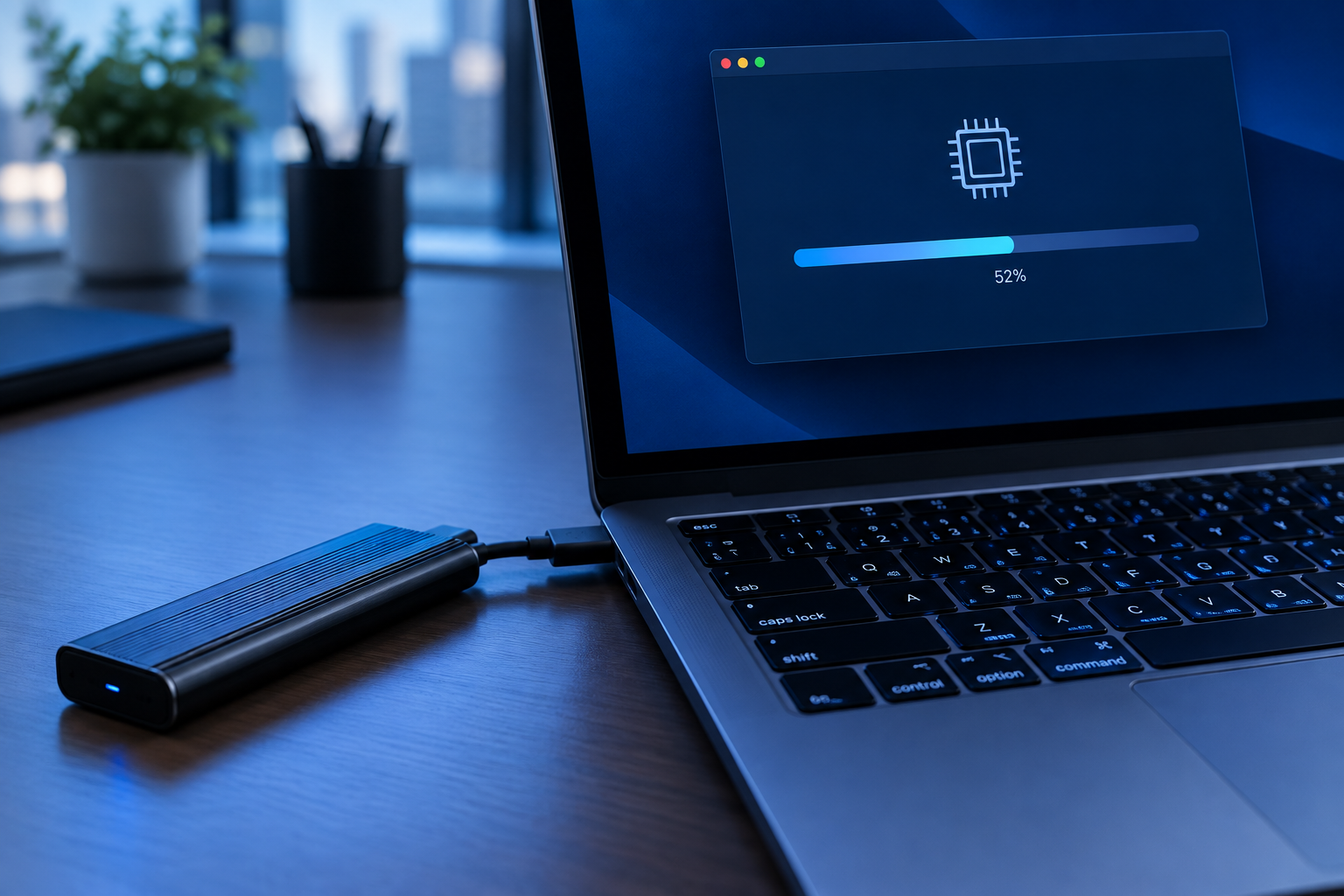 Laptop running a firmware update utility with an SSD connected via USB