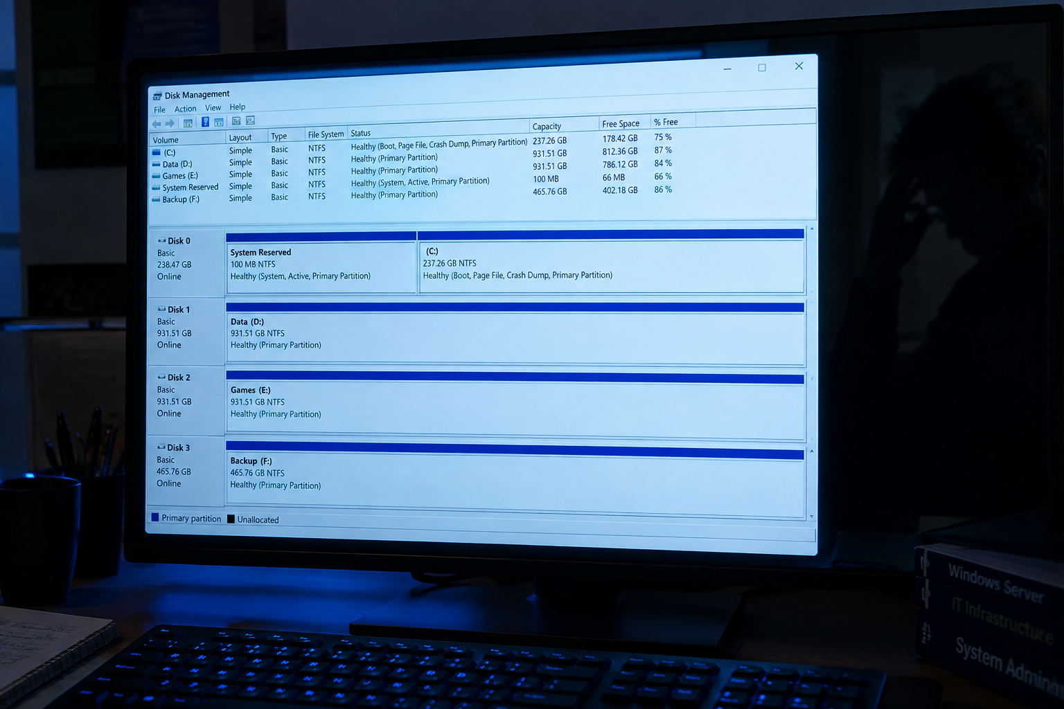 Computer monitor displaying Windows Disk Management with visible drive partitions