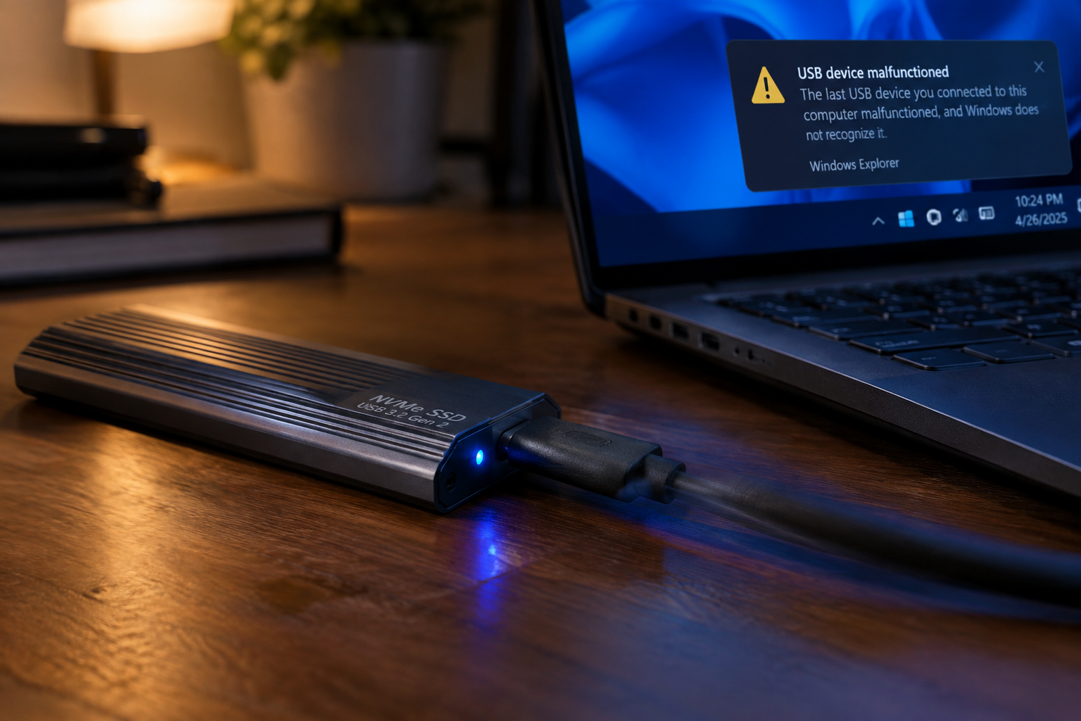 NVMe SSD enclosure with flickering LED indicating an intermittent USB connection