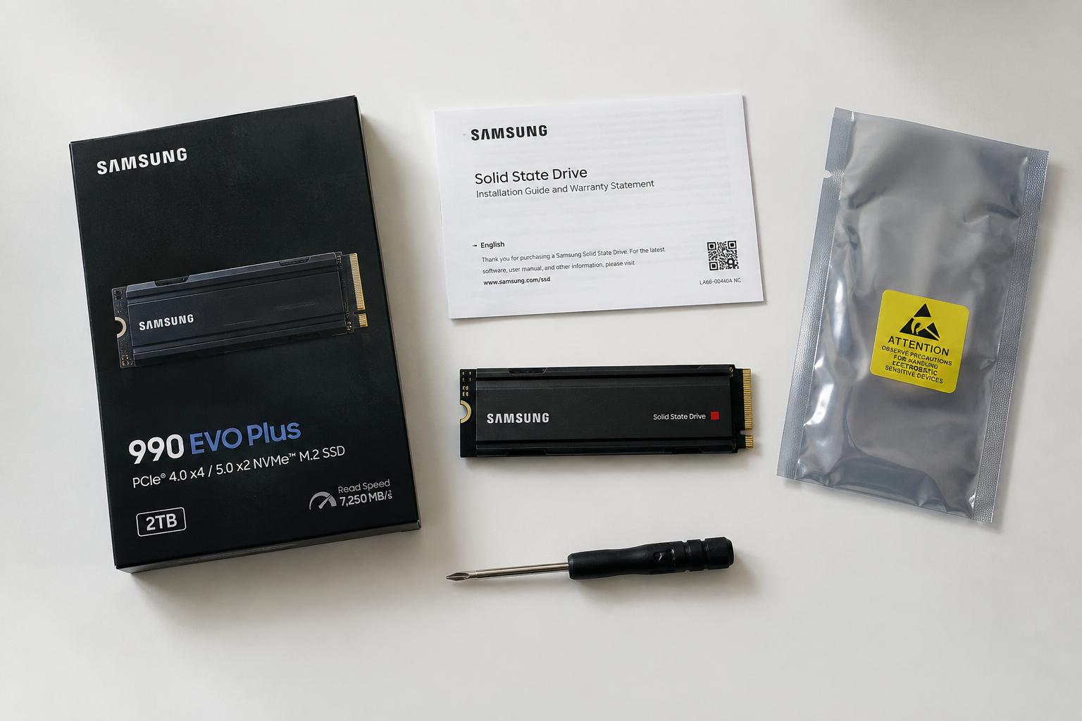 Brand-new NVMe SSD unboxed on a desk with packaging and tools nearby