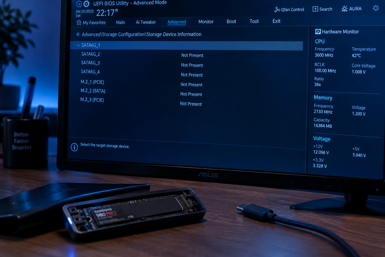 BIOS setup screen showing no storage drives detected, with an NVMe SSD enclosure nearby