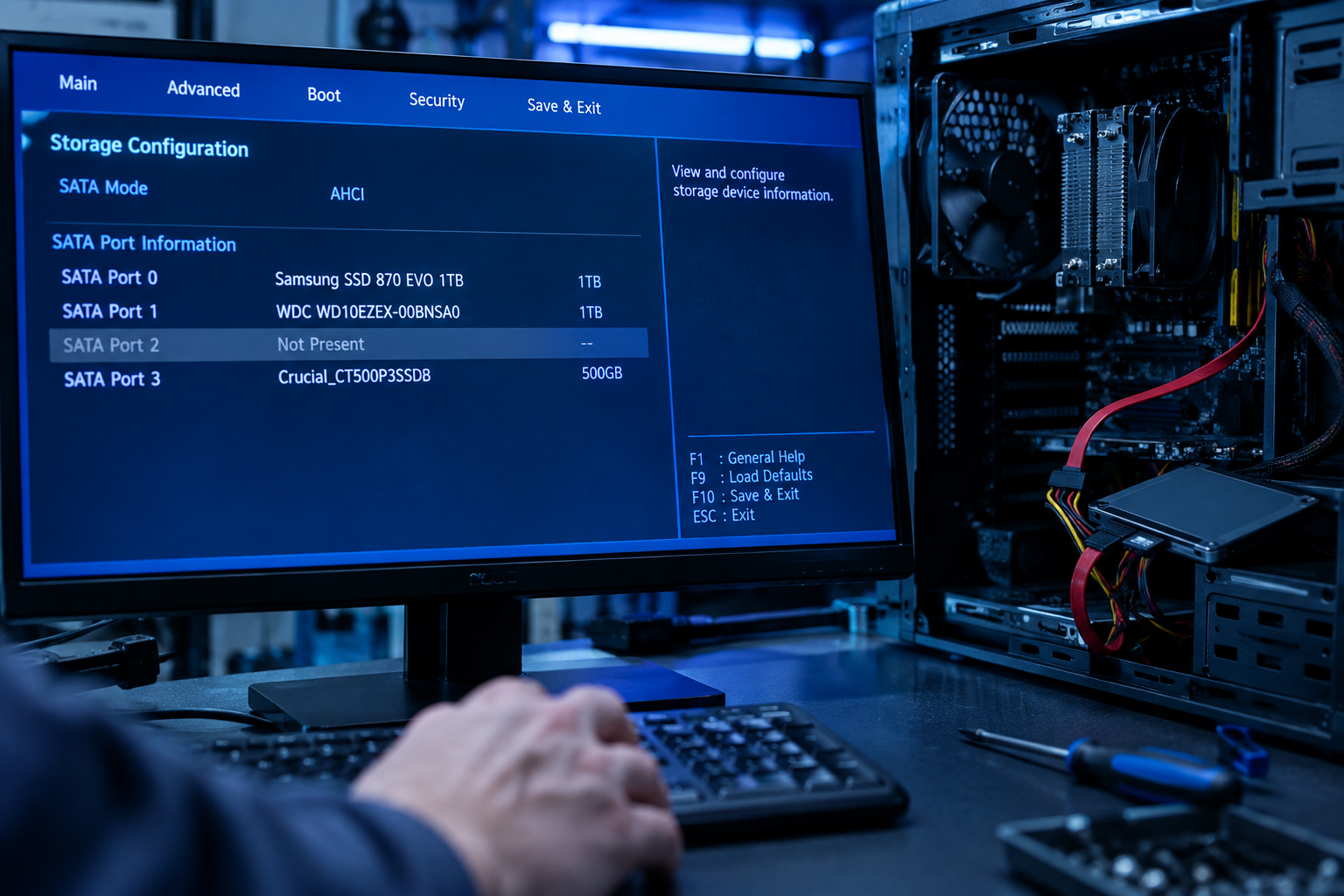 Computer BIOS screen showing a missing drive entry with open PC case in background