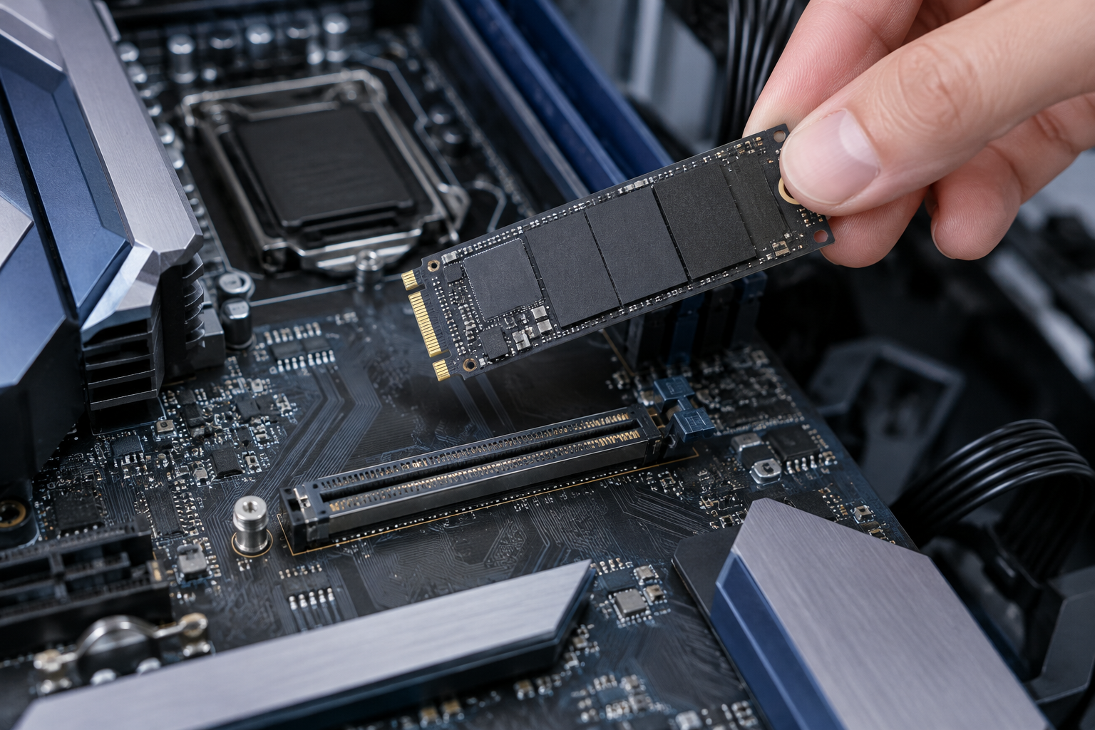 Hand holding an M.2 SSD above an empty M.2 slot on a motherboard