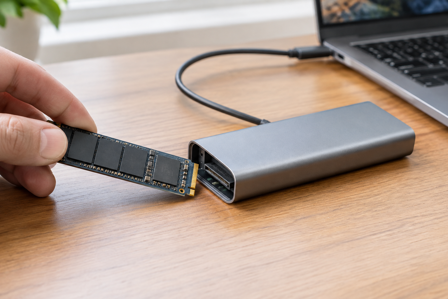 M.2 SSD being installed into an external USB enclosure connected to a laptop