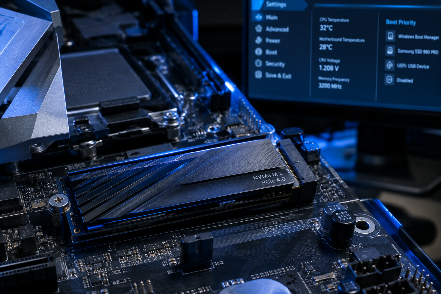Close-up of an NVMe M.2 SSD installed on a motherboard with blue lighting