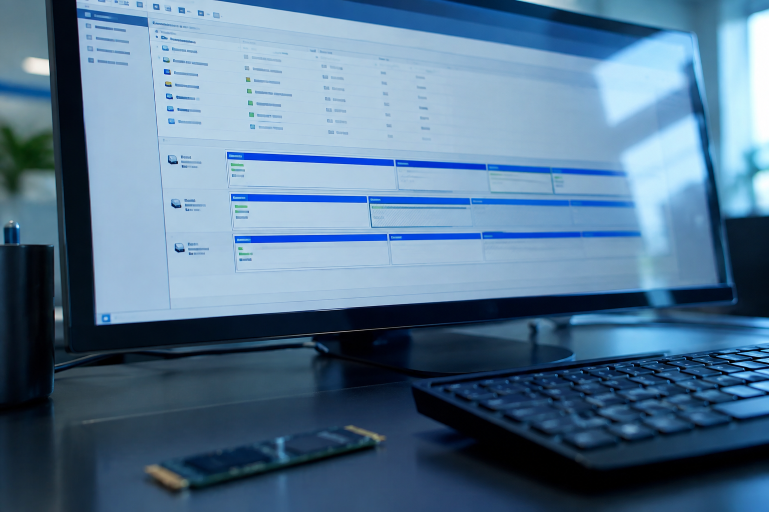 Computer screen showing a disk management interface with an M.2 SSD nearby
