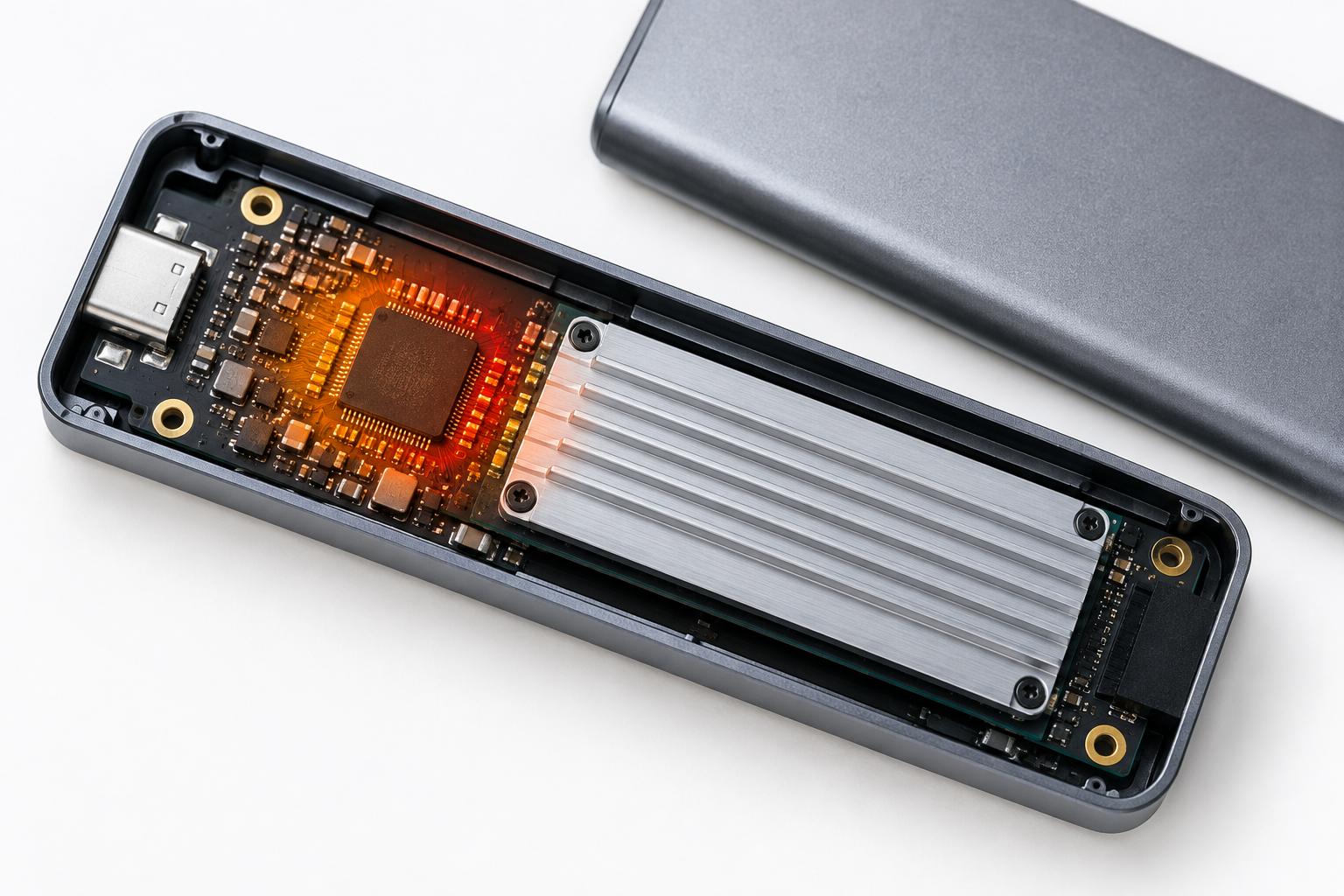 Open external SSD enclosure showing internal controller chip and heatsink with thermal glow