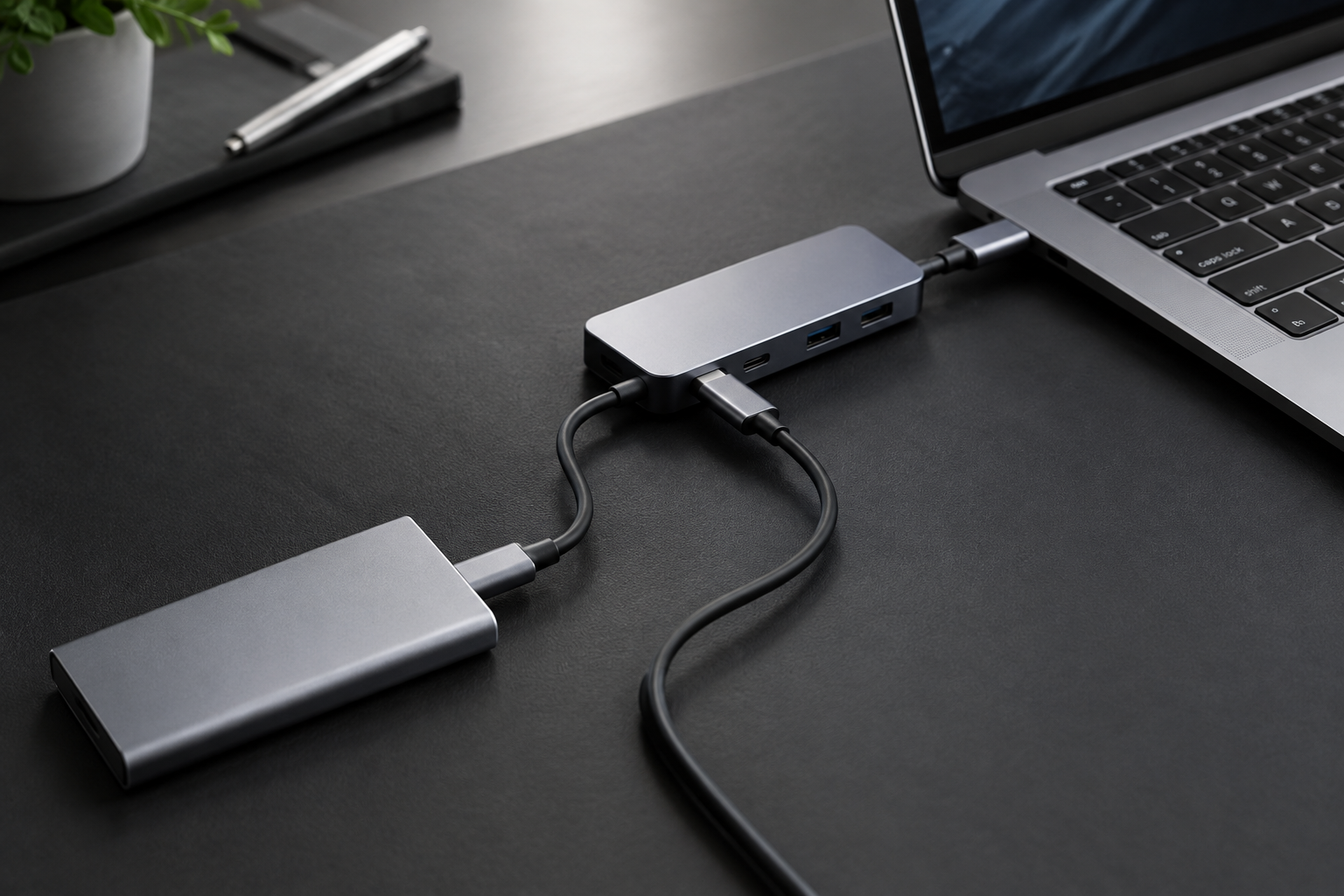 External SSD, cable, hub, and laptop connected together illustrating a full data transfer chain