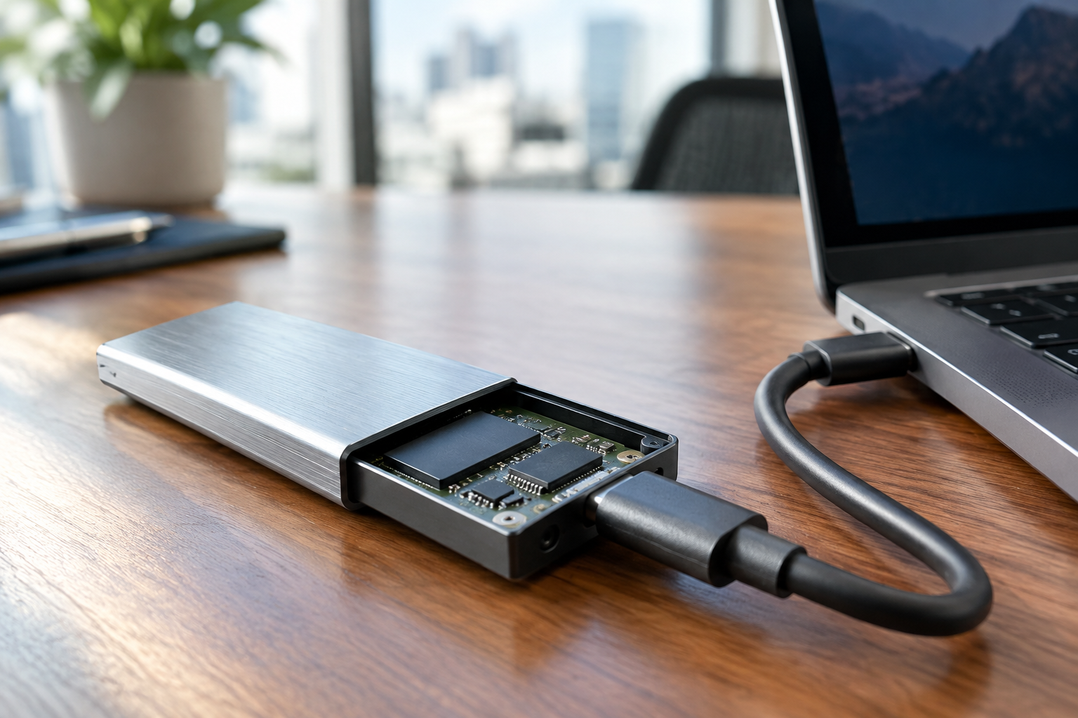 External SSD enclosure connected to a laptop via USB-C cable