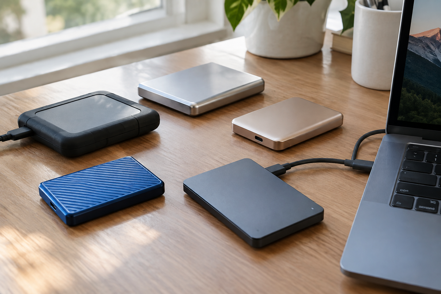External hard drives and enclosures connected to a laptop on a desk