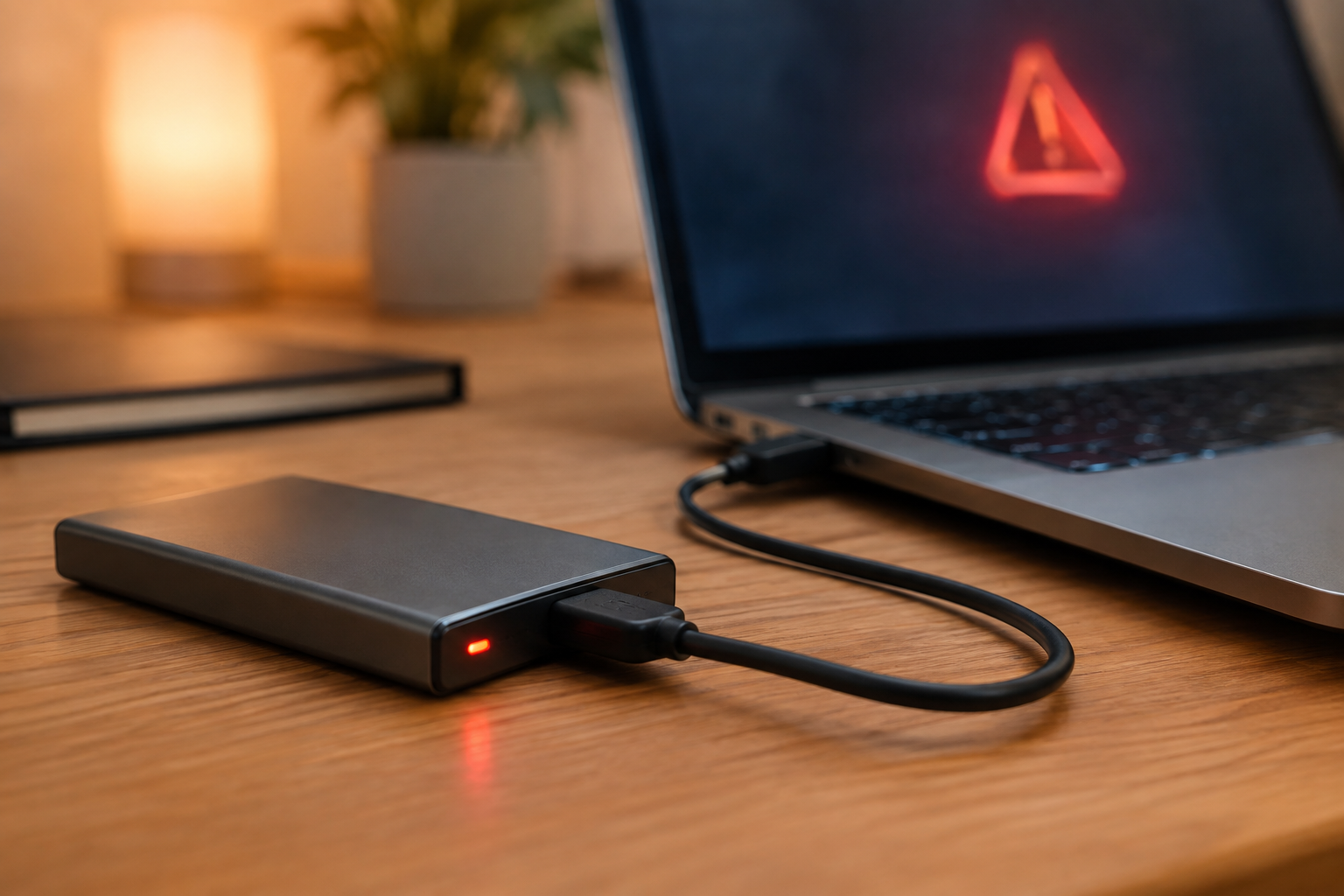 External SSD connected to a laptop via USB-C with an indicator light suggesting a mounting issue