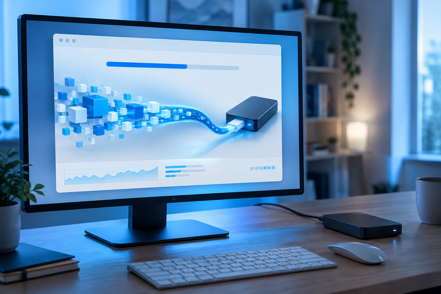 Visualization of file data transferring through a cable to an external drive