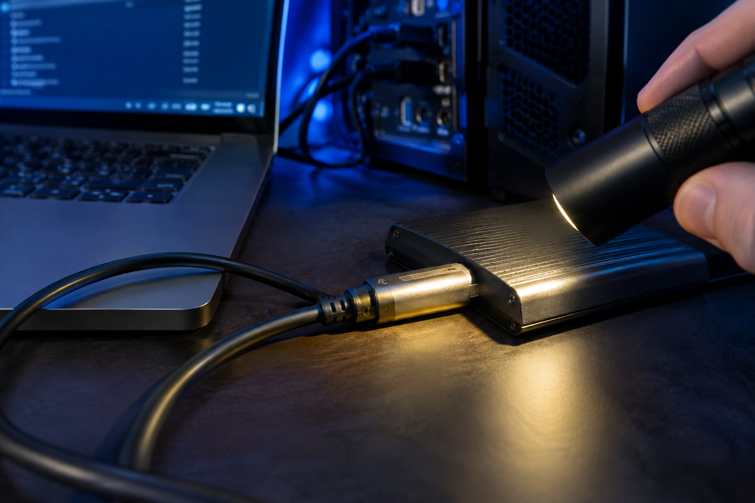 Close-up of hands inspecting a cable connection on an external SSD enclosure with a flashlight