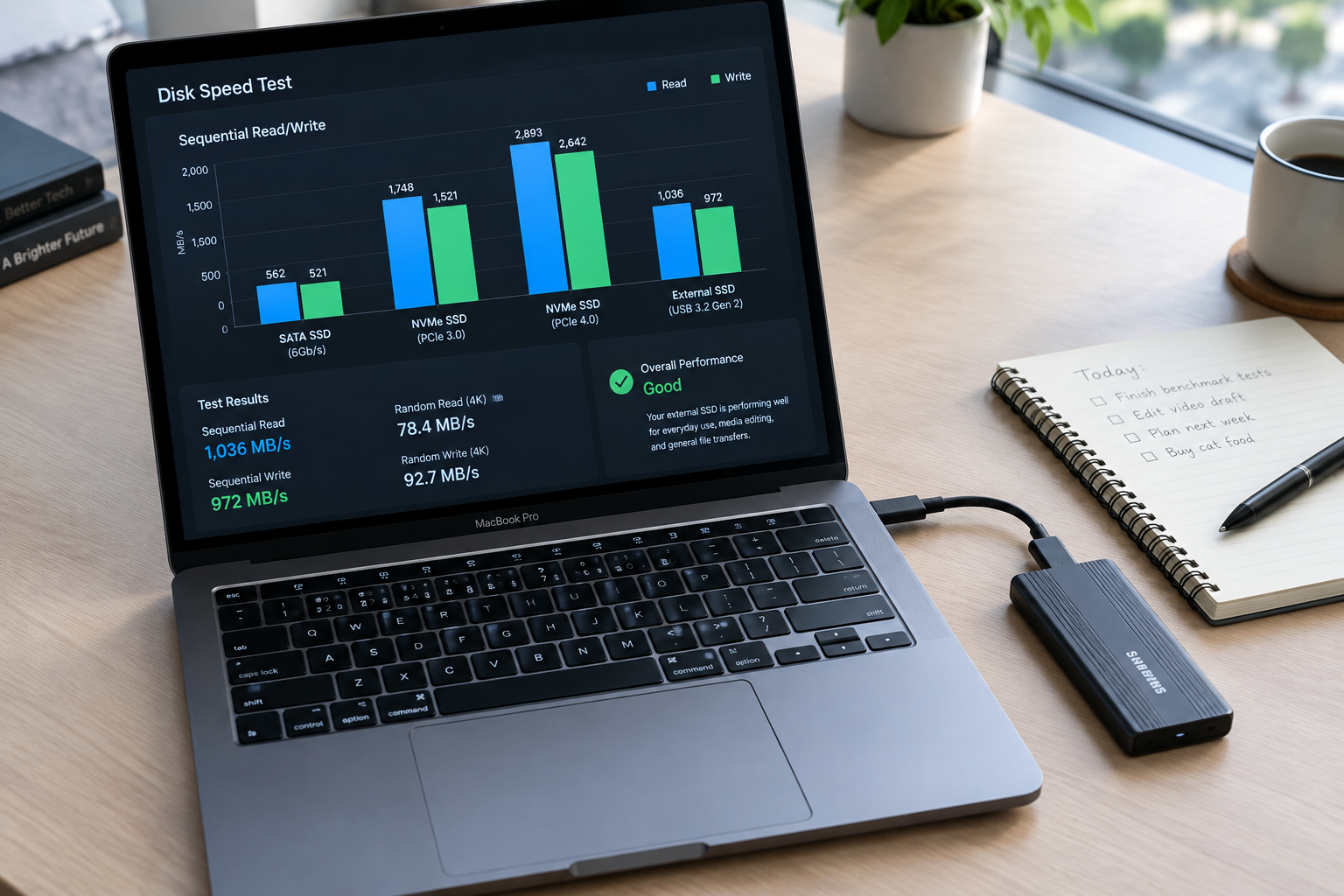 Laptop screen showing SSD speed benchmark results connected to an external enclosure
