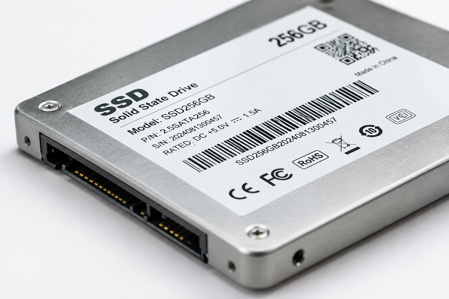 Close-up of a Kingston SSD label showing its serial number printed on the drive casing