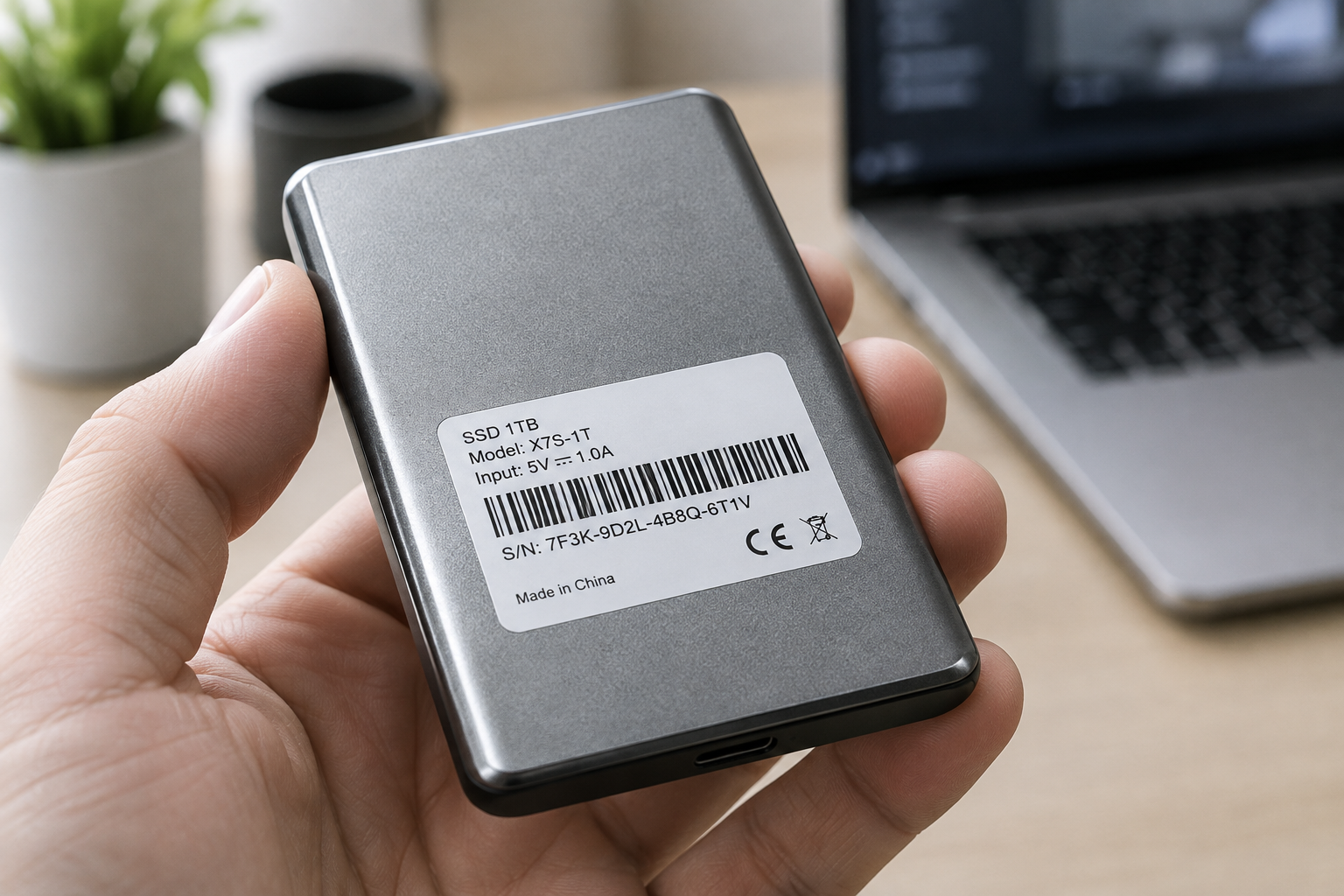 Close-up of an SSD drive showing its serial number label