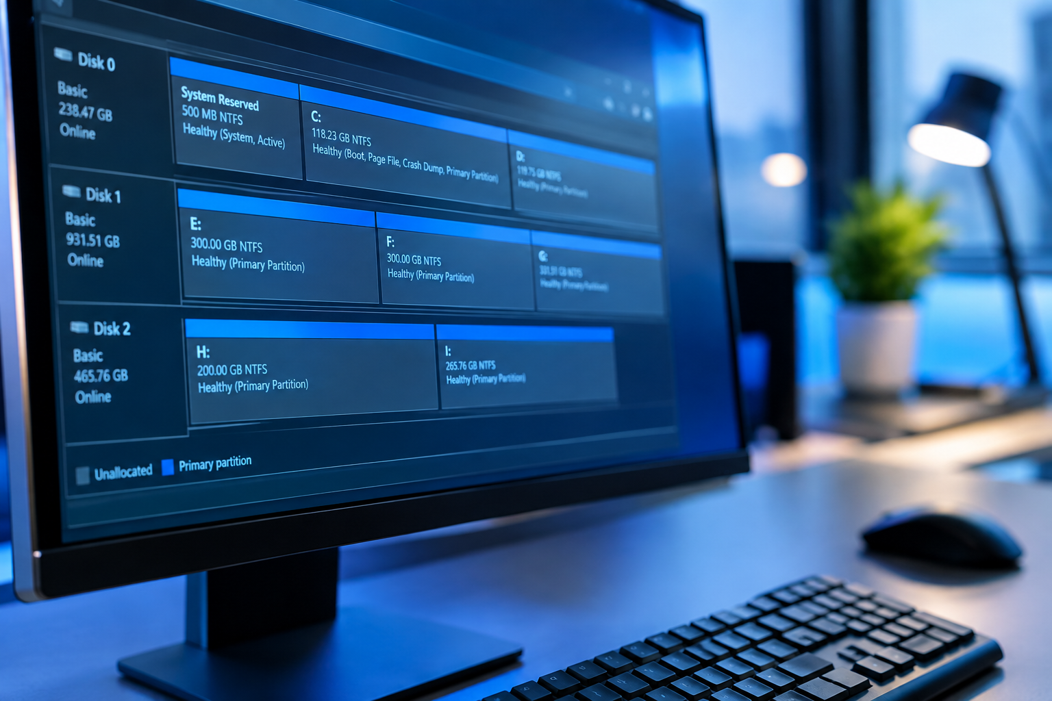 Computer screen showing a disk management interface with multiple drive partitions