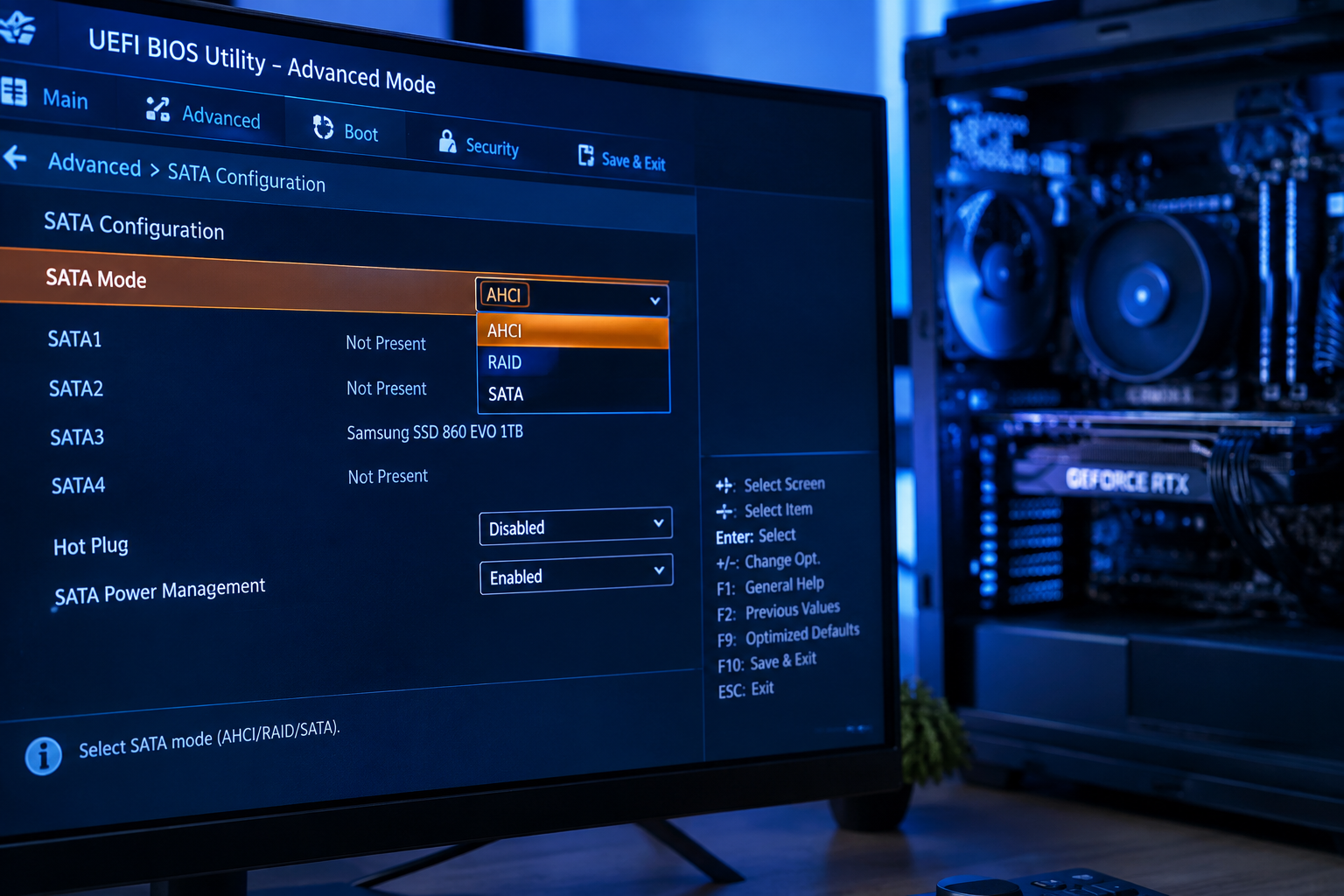 BIOS setup screen showing SATA and RAID mode configuration options