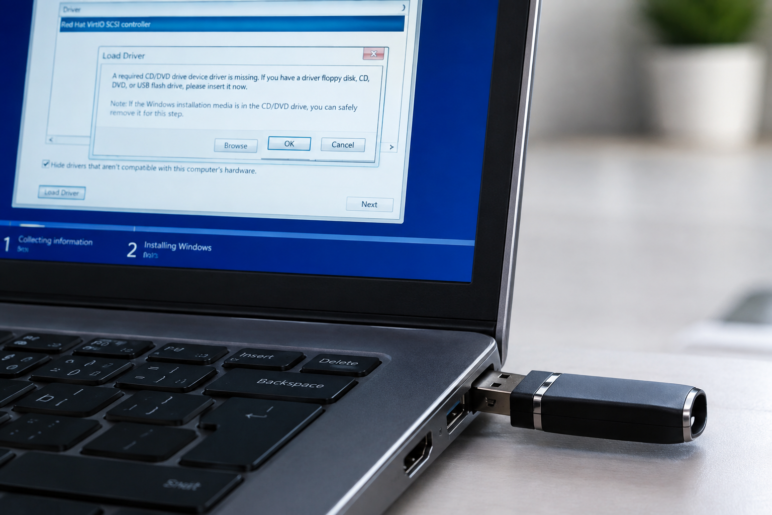 Laptop with USB drive inserted during Windows installation driver loading step