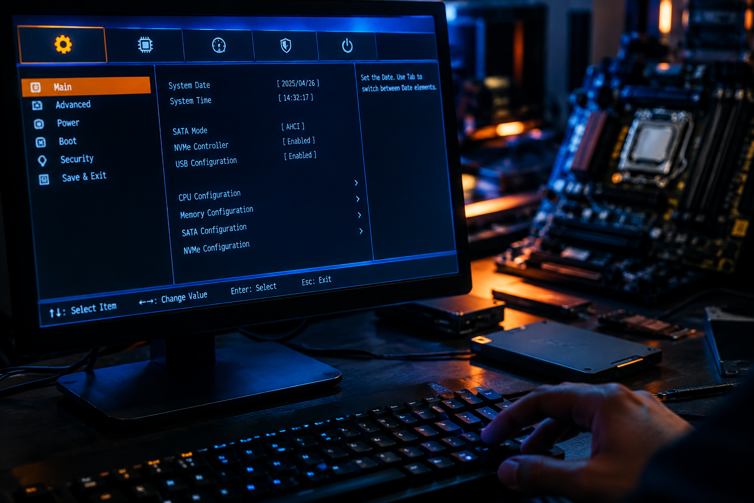 Technician viewing BIOS storage configuration settings on a monitor