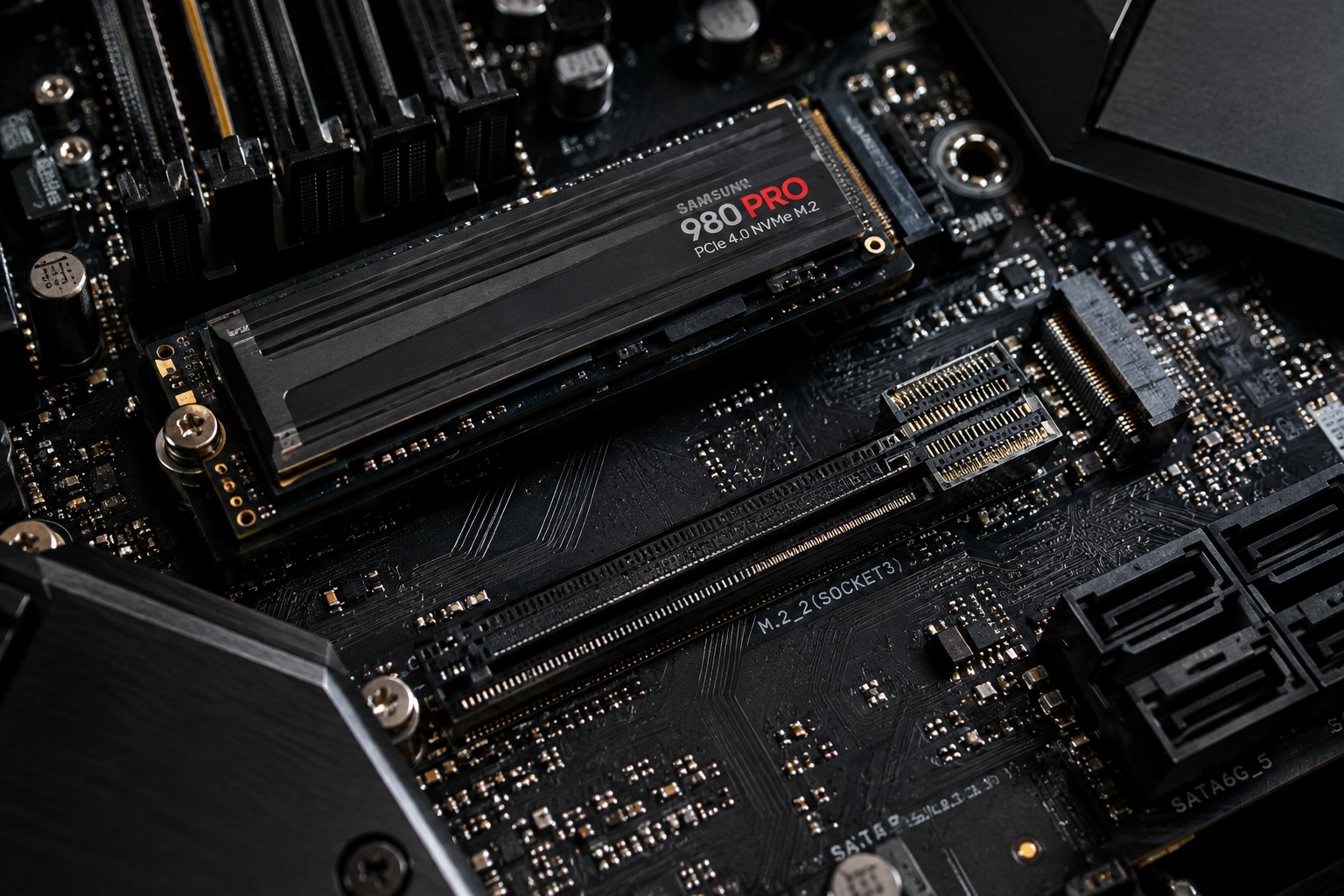 Close-up of M.2 NVMe SSD installed on motherboard showing slot connections