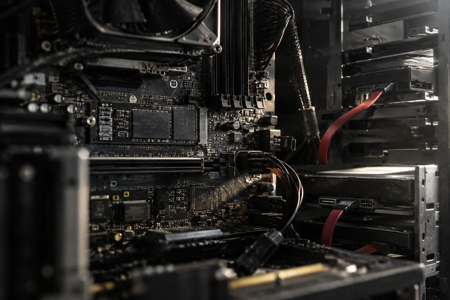 Close-up of SSD, cables, and drive bays inside a desktop computer case