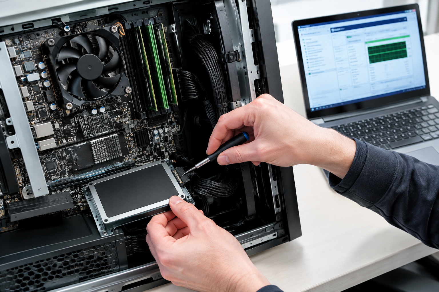 Technician troubleshooting and fixing a computer drive connection issue