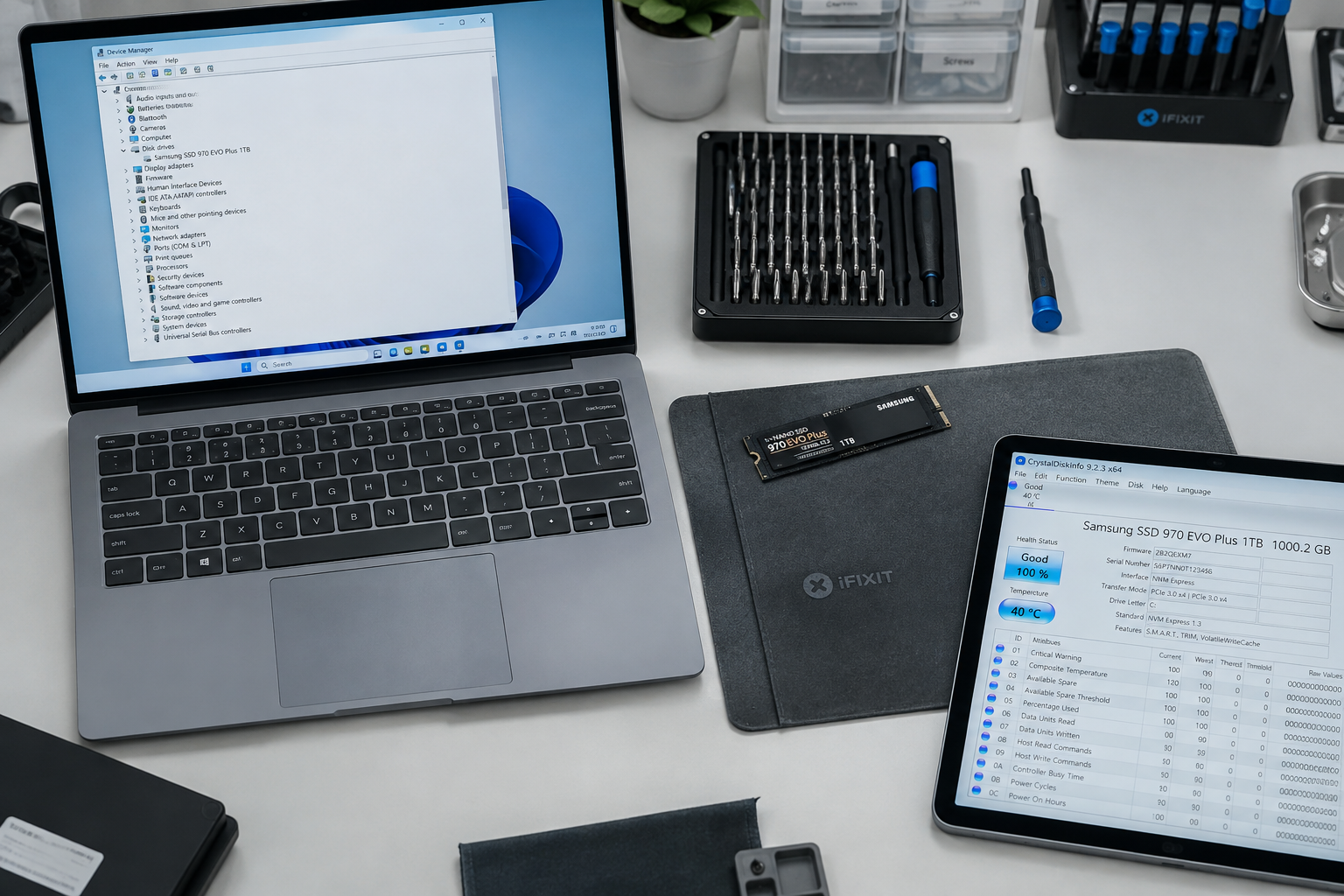 Organized workbench with laptop, NVMe SSD, and tools representing a systematic troubleshooting process