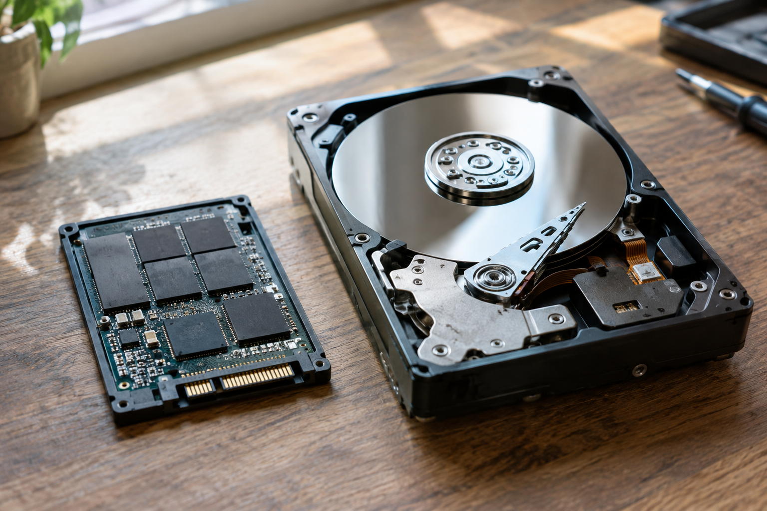 Side-by-side comparison of an SSD circuit board and an opened mechanical hard disk drive