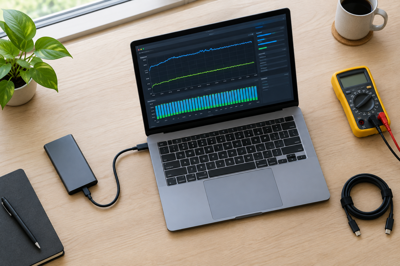 Laptop running a drive speed benchmark test with an external SSD connected via USB-C