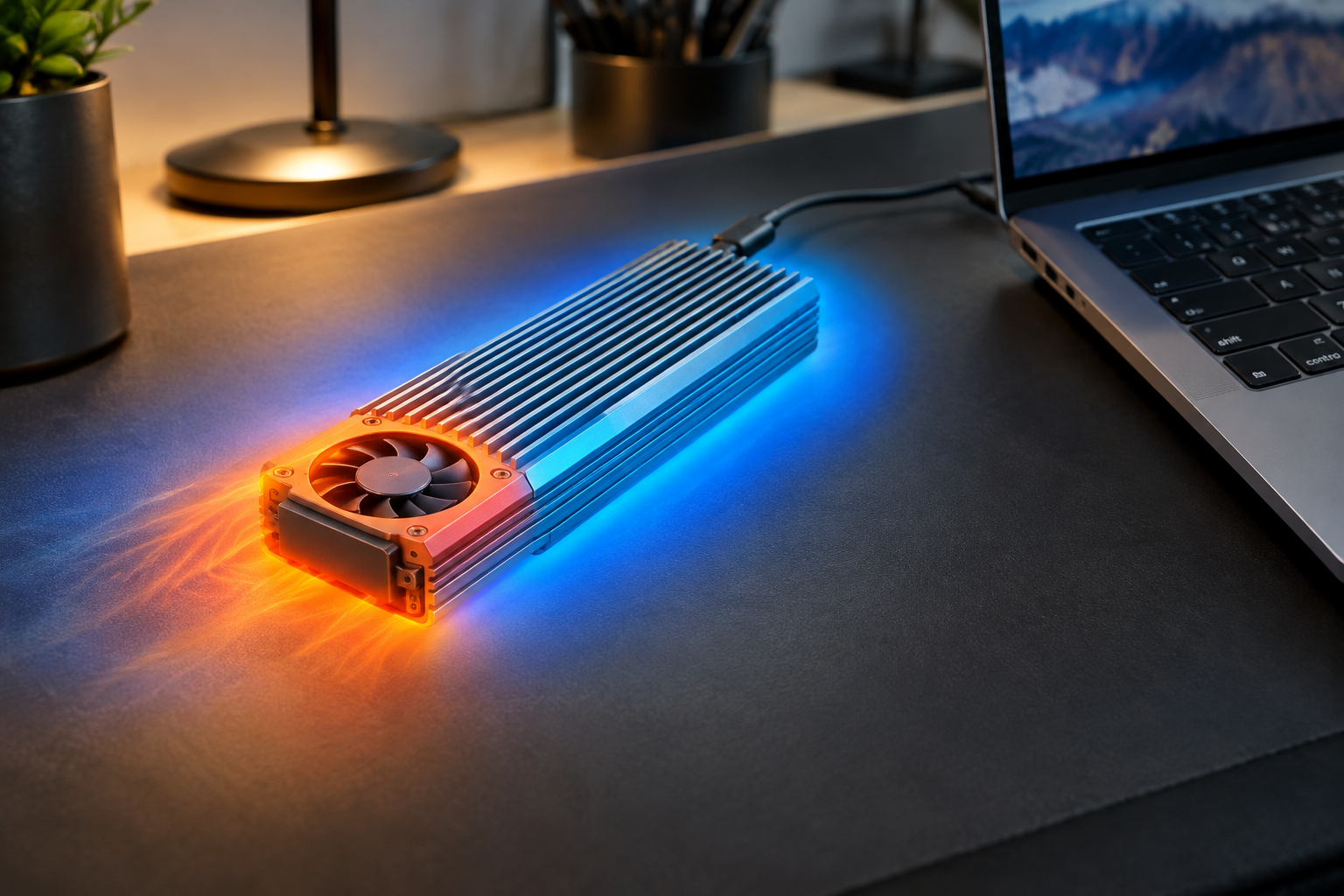 NVMe enclosure with heatsink and fan dissipating heat on a desk