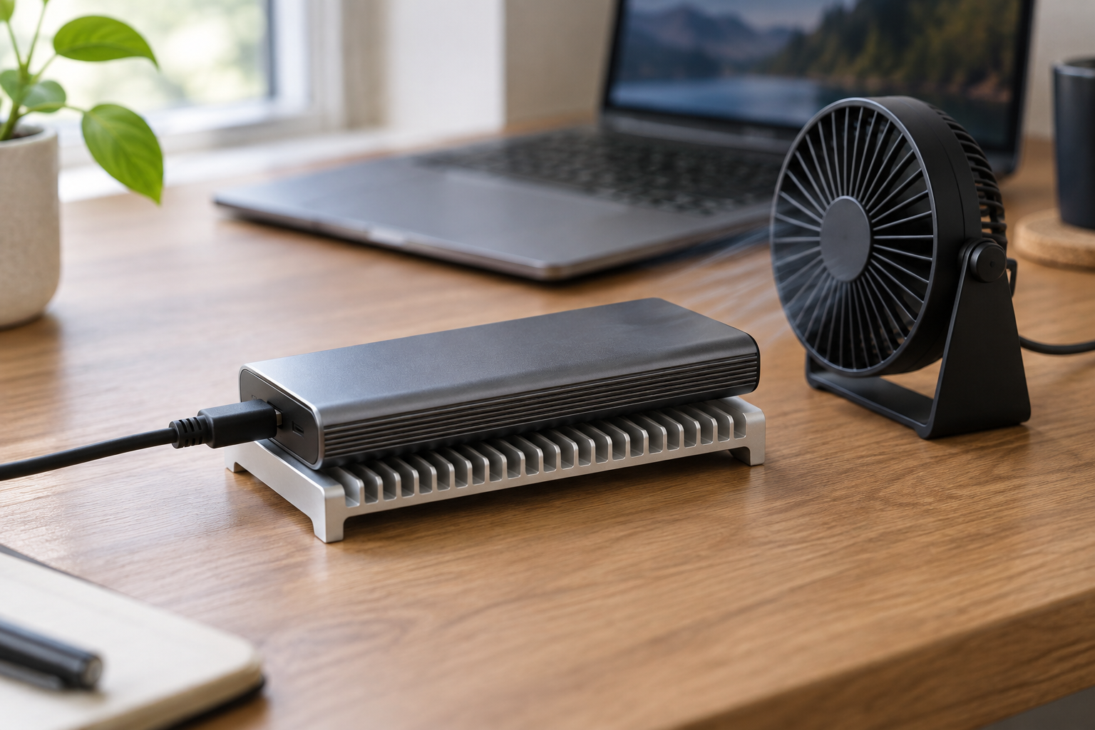External SSD placed on a cooling stand with a small fan for airflow on a desk setup
