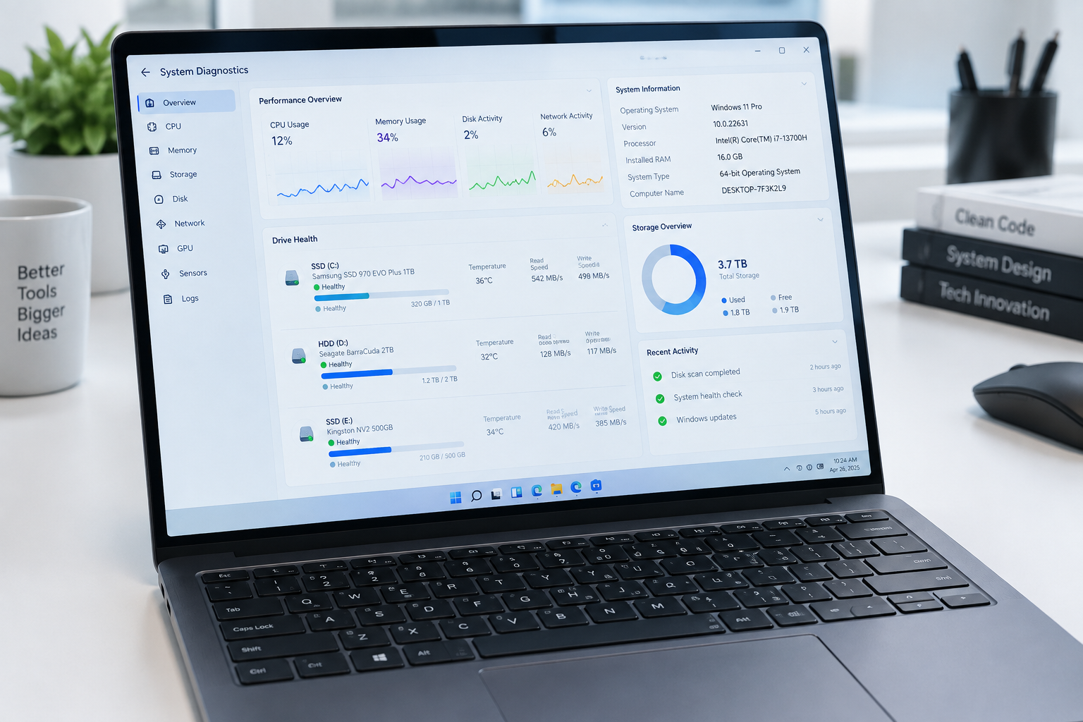 Laptop displaying Windows 11 system diagnostics interface for checking SSD health