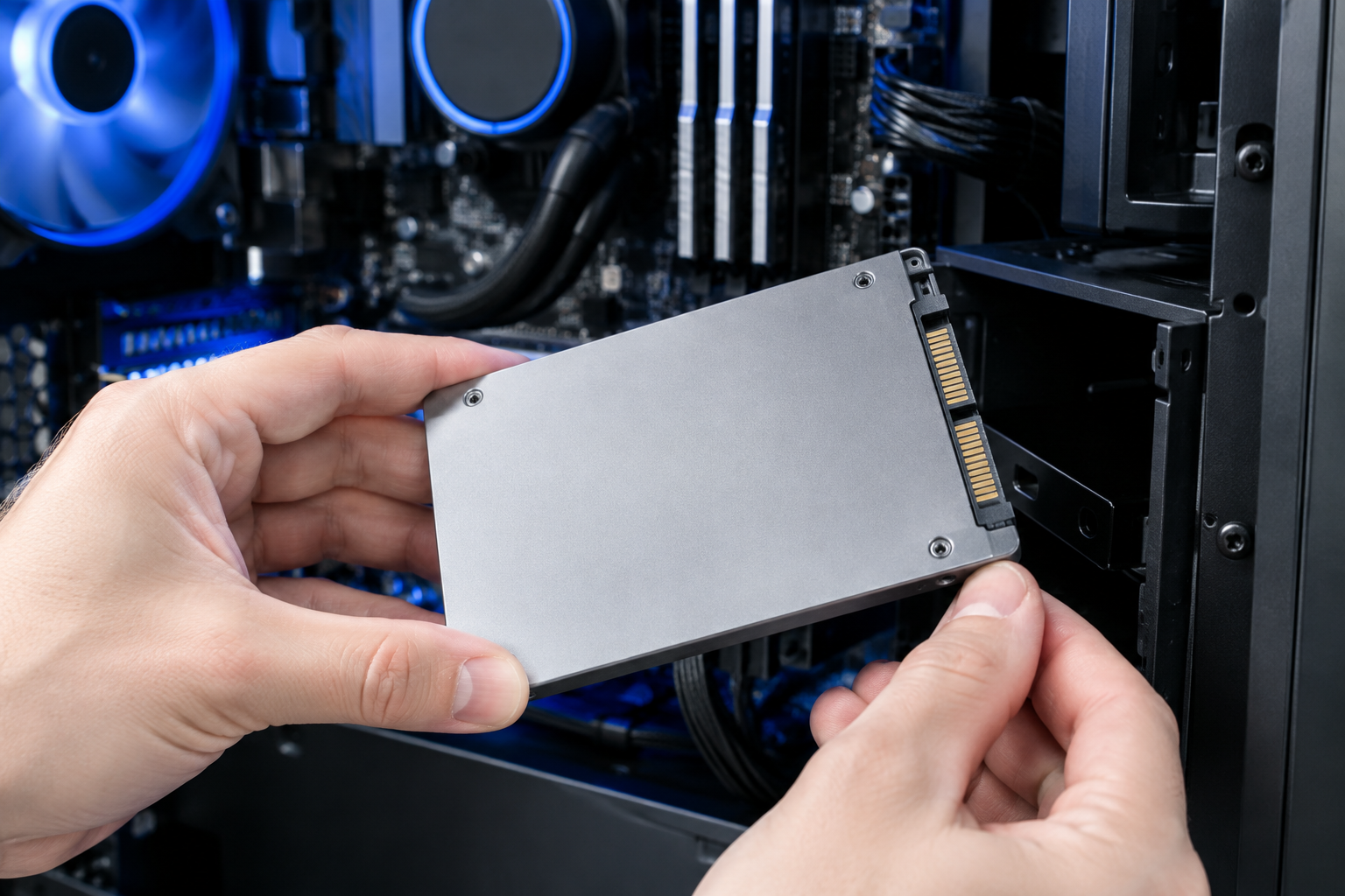 Hands installing a Samsung SSD into a desktop computer during a firmware update process