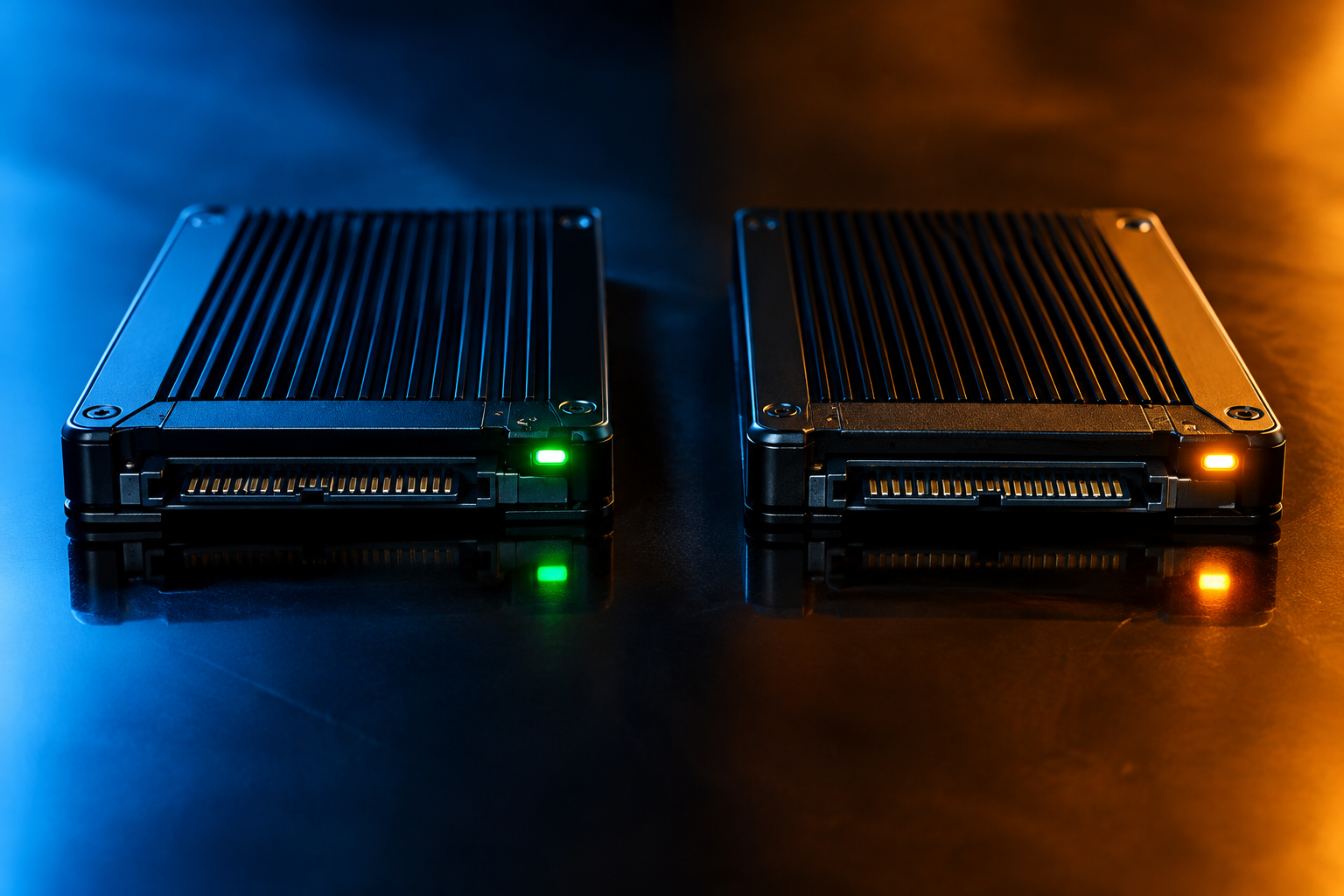 Two SSD drives illuminated differently to represent normal versus warning health status